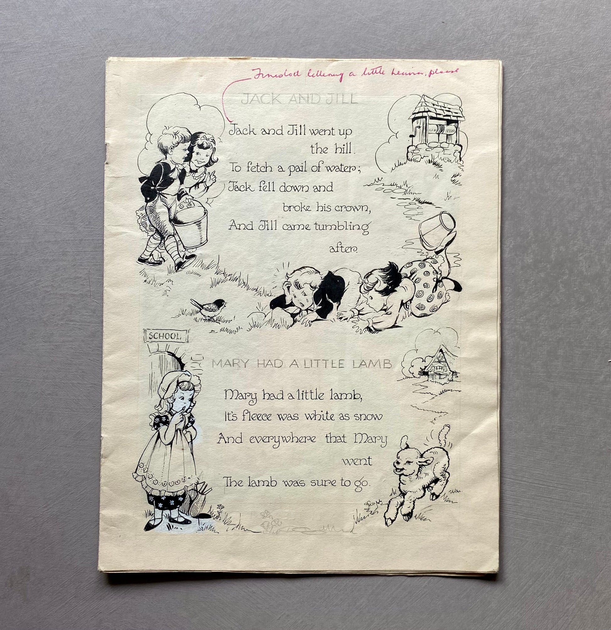 Original Artwork For a Book of Nursery Rhymes. 11 Black & White Drawings and 1 Watercolour Picture. 1950’s. Size: 28 x 22 cms.