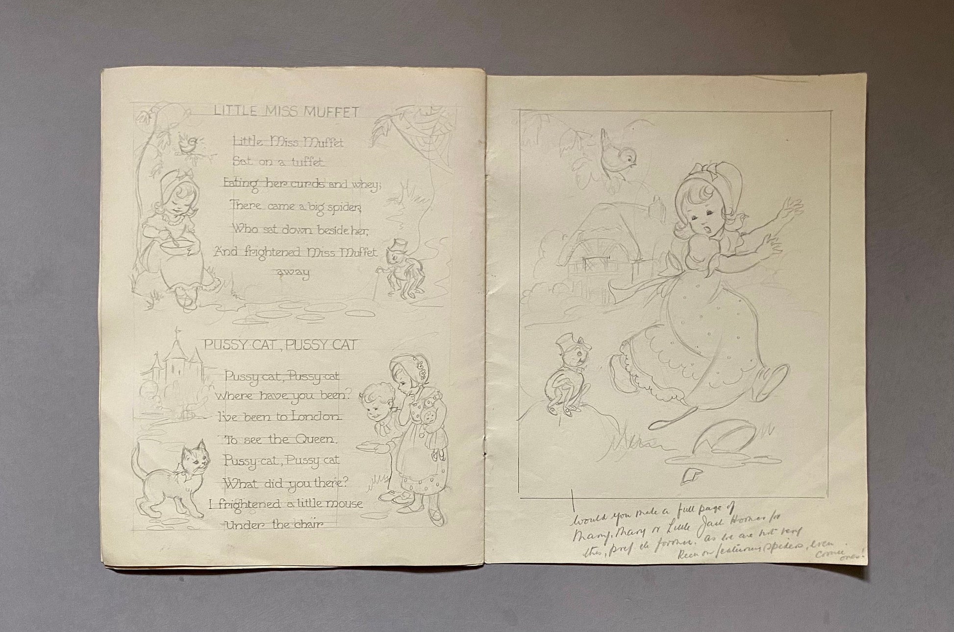 Original Artwork For a Book of Nursery Rhymes. 11 Black & White Drawings and 1 Watercolour Picture. 1950’s. Size: 28 x 22 cms.