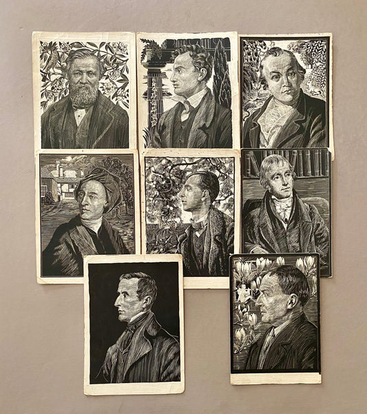 A Collection of 8 Original Sgraffito Artworks Featuring Poets: Browning, Pope, Blake, Scott, De La Mare, Blake etc. 12.5 x 17 cms.