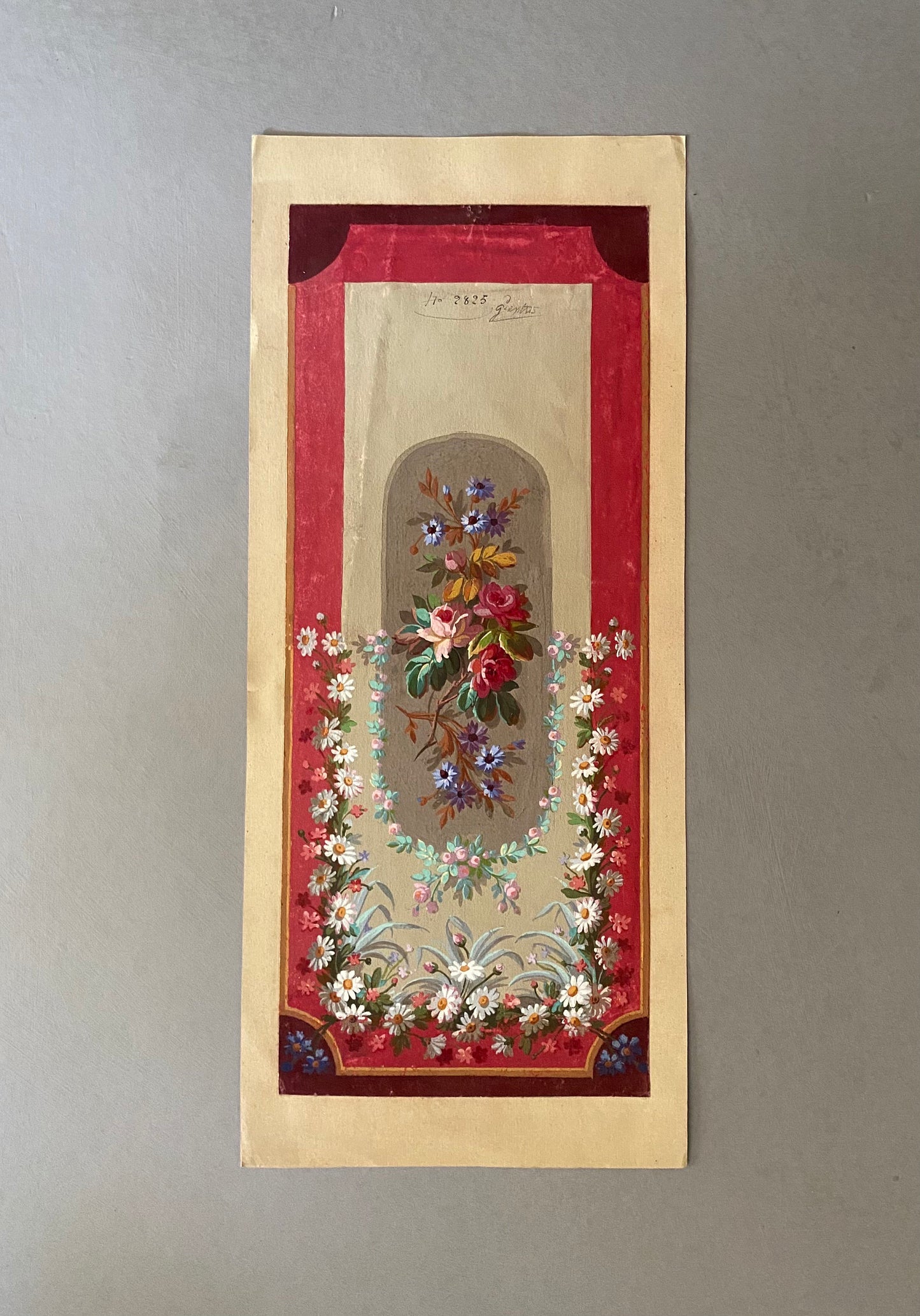 An Original Hand Painted Watercolour Design For A Carpet. Plaissier Brother, Nimes, France. Late 1800s. Size: 50 x 22.5 cms.