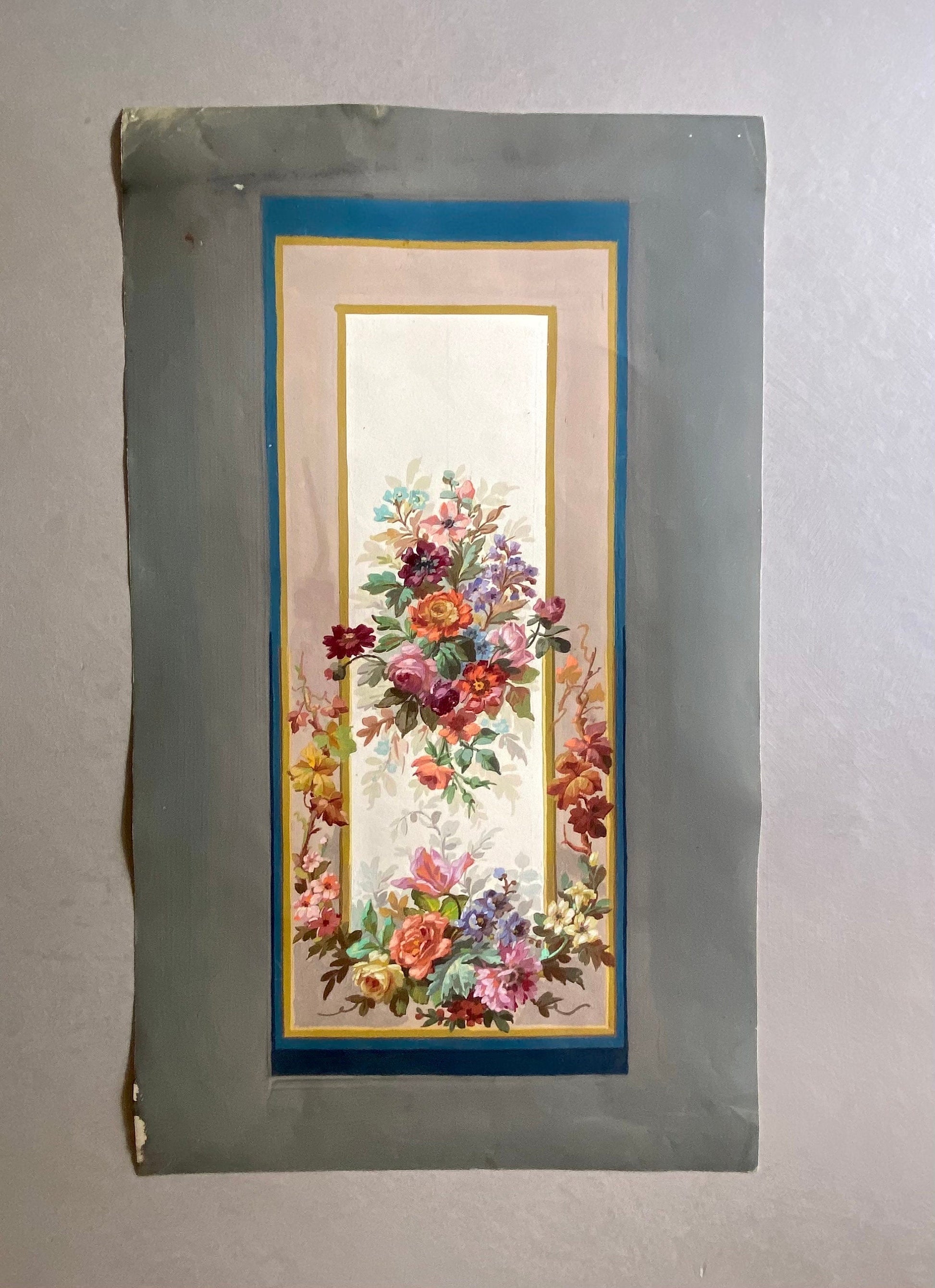 An Original Hand Painted Watercolour Design For A Carpet. Plaissier Brother, Nimes, France. Late 1800s. Size: 30 x 50.5 cms.