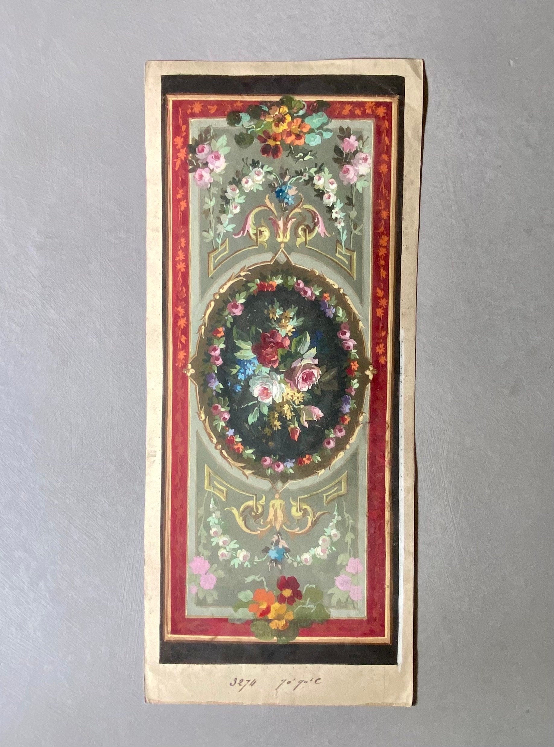 An Original Hand Painted Watercolour Design For A Carpet. Plaissier Brother, Nimes, France. Late 1800s. Size: 47 x 20 cms.
