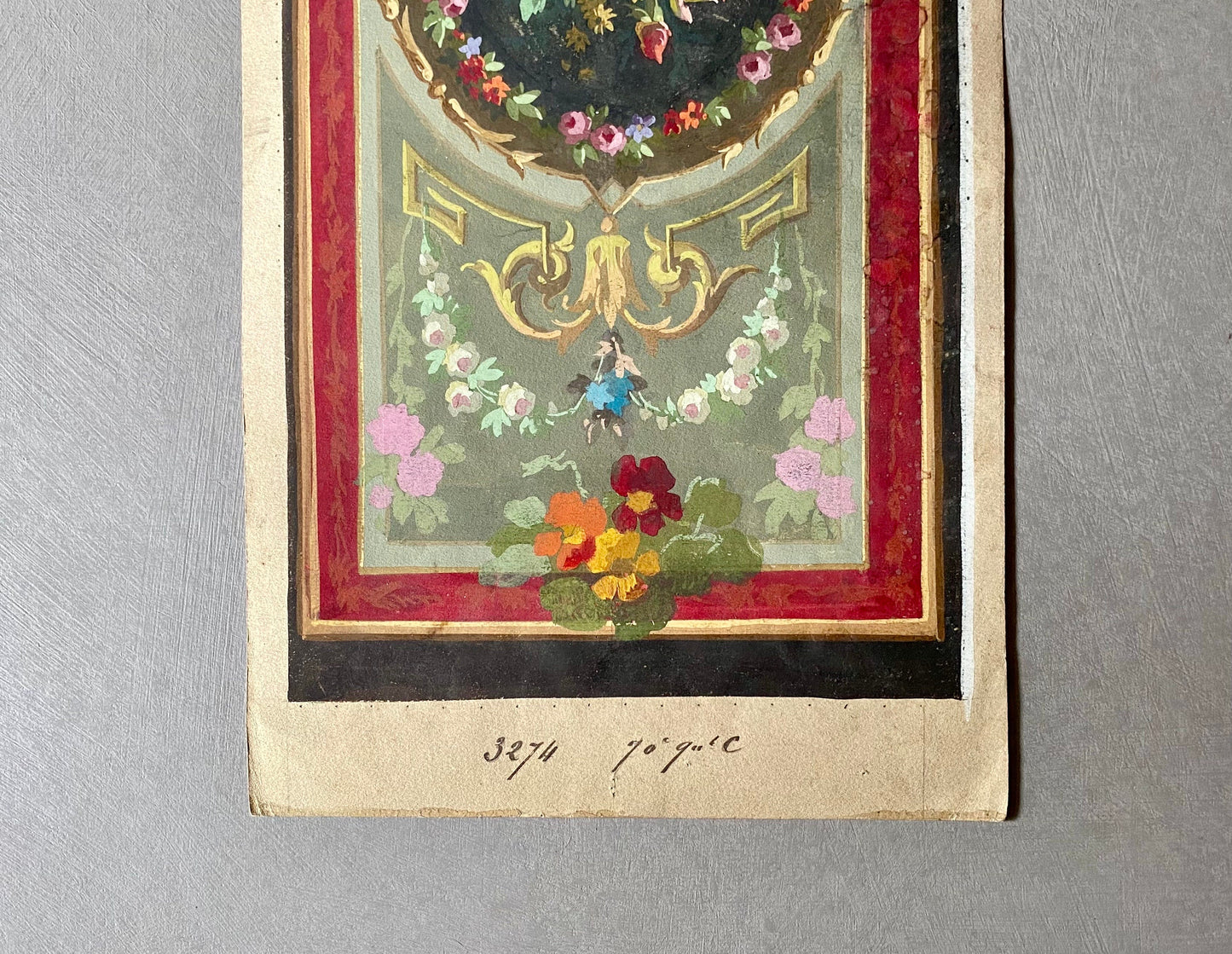 An Original Hand Painted Watercolour Design For A Carpet. Plaissier Brother, Nimes, France. Late 1800s. Size: 47 x 20 cms.