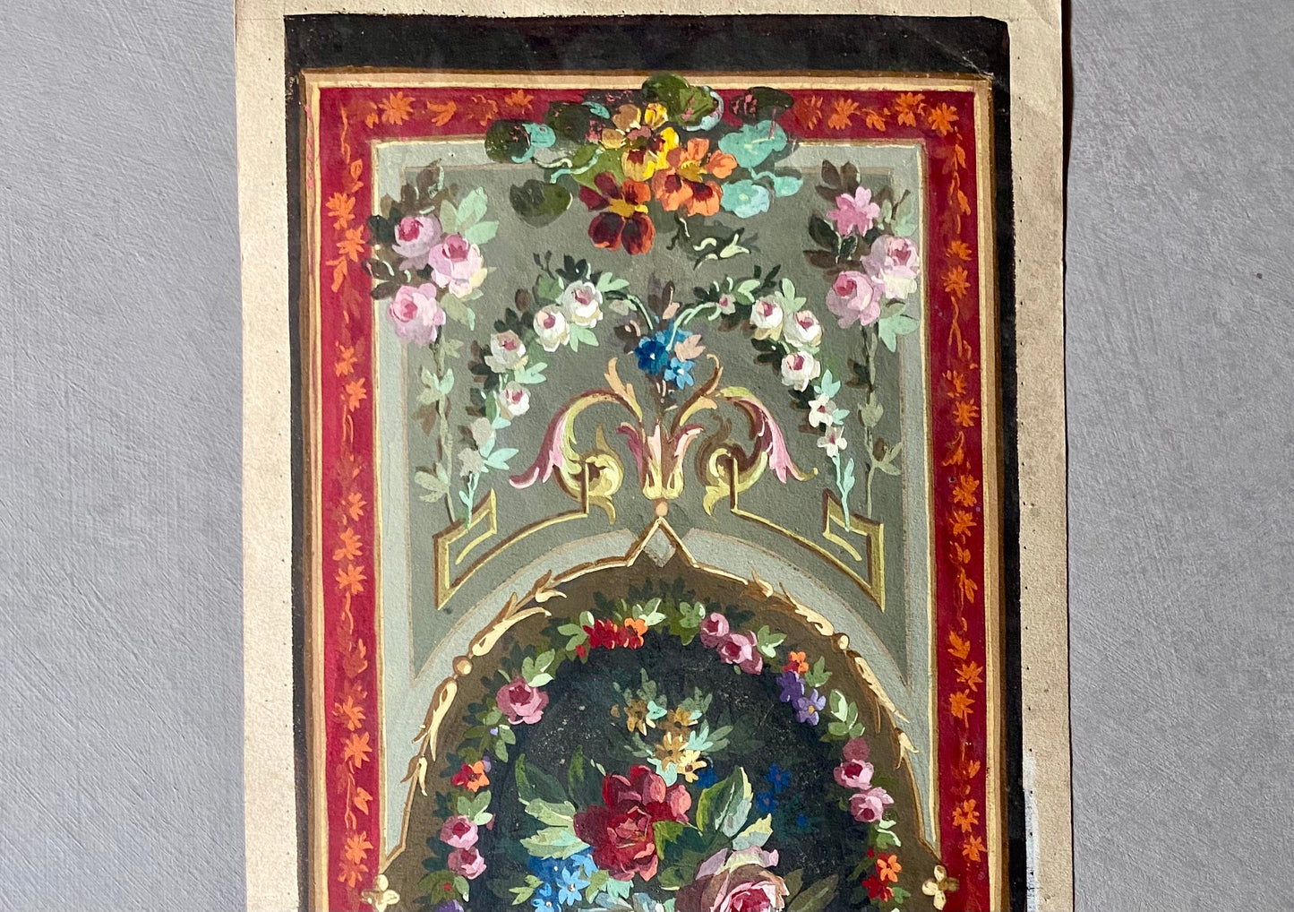An Original Hand Painted Watercolour Design For A Carpet. Plaissier Brother, Nimes, France. Late 1800s. Size: 47 x 20 cms.