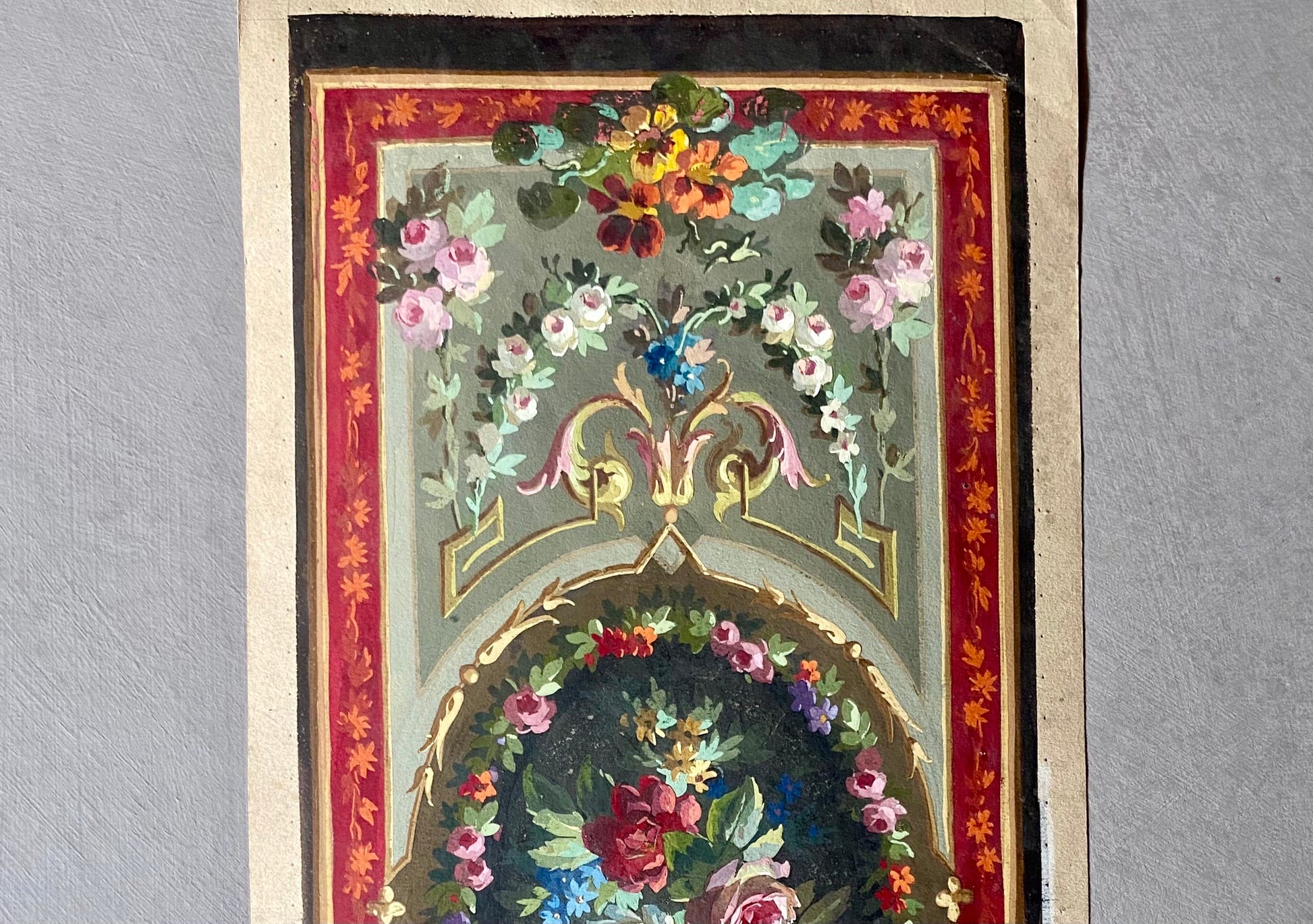 An Original Hand Painted Watercolour Design For A Carpet. Plaissier Brother, Nimes, France. Late 1800s. Size: 47 x 20 cms.