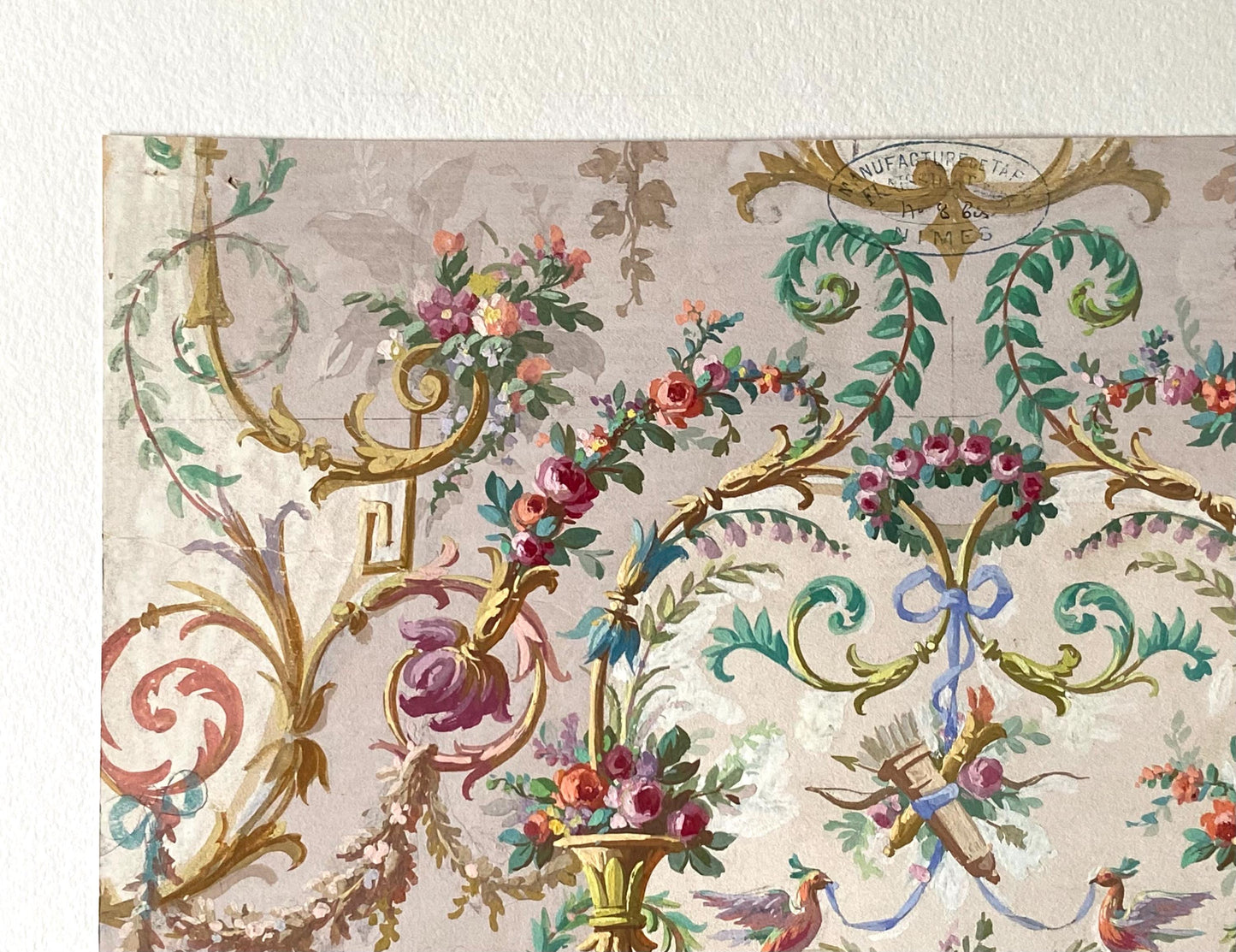 An Original Antique, Hand Painted, Watercolour Design For A Carpet. From Nimes in France. Late 1800s. Size: 35 x 27 cms.