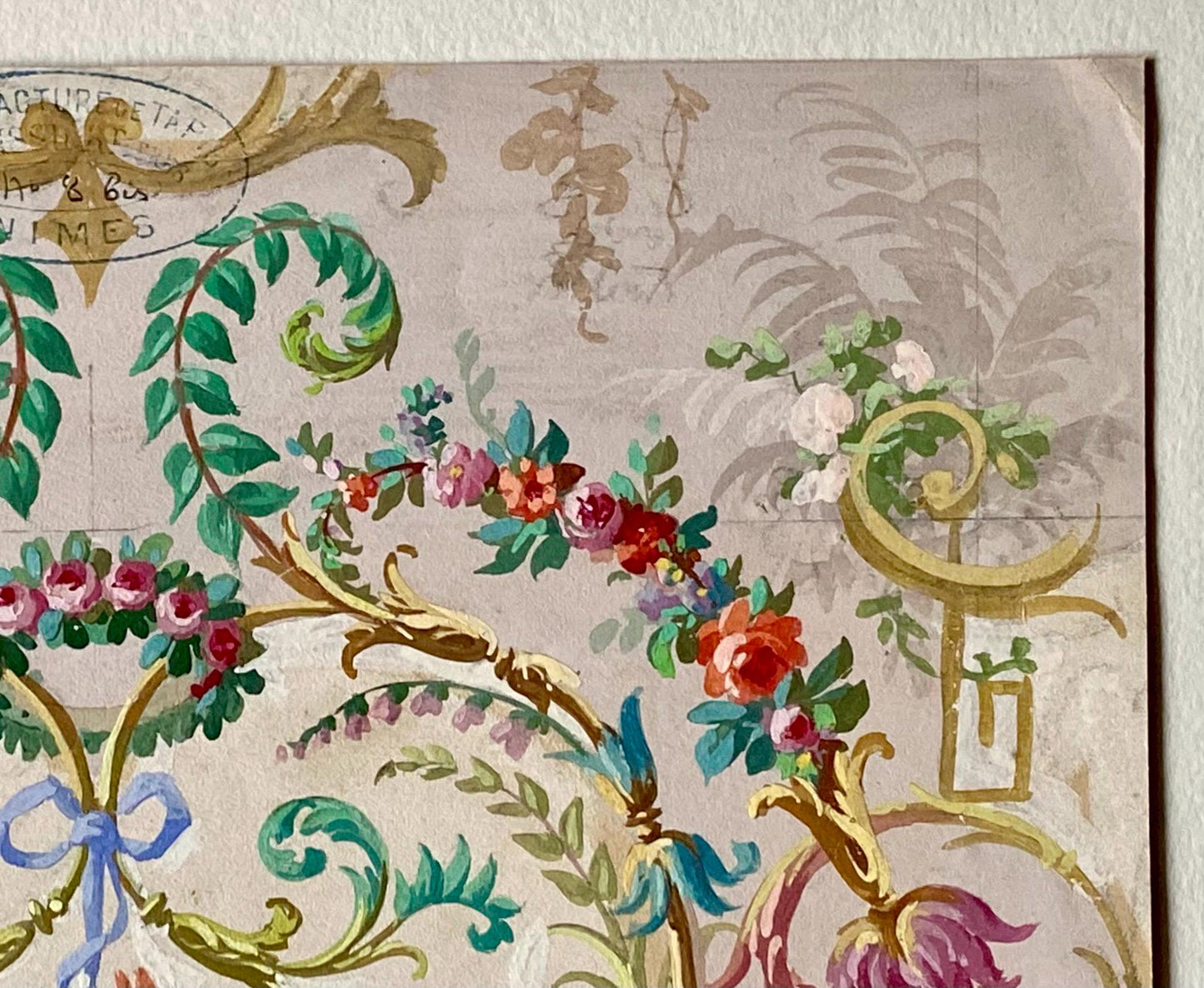An Original Antique, Hand Painted, Watercolour Design For A Carpet. From Nimes in France. Late 1800s. Size: 35 x 27 cms.