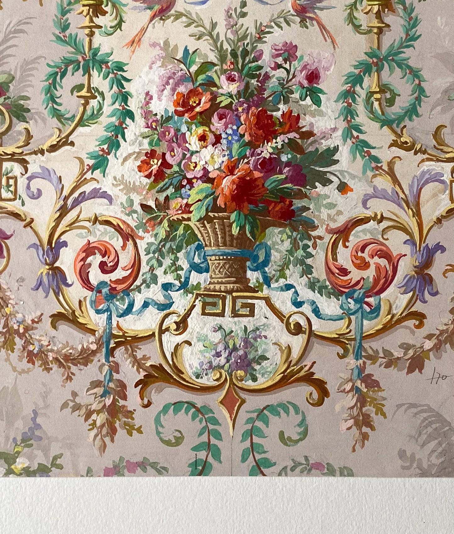 An Original Antique, Hand Painted, Watercolour Design For A Carpet. From Nimes in France. Late 1800s. Size: 35 x 27 cms.