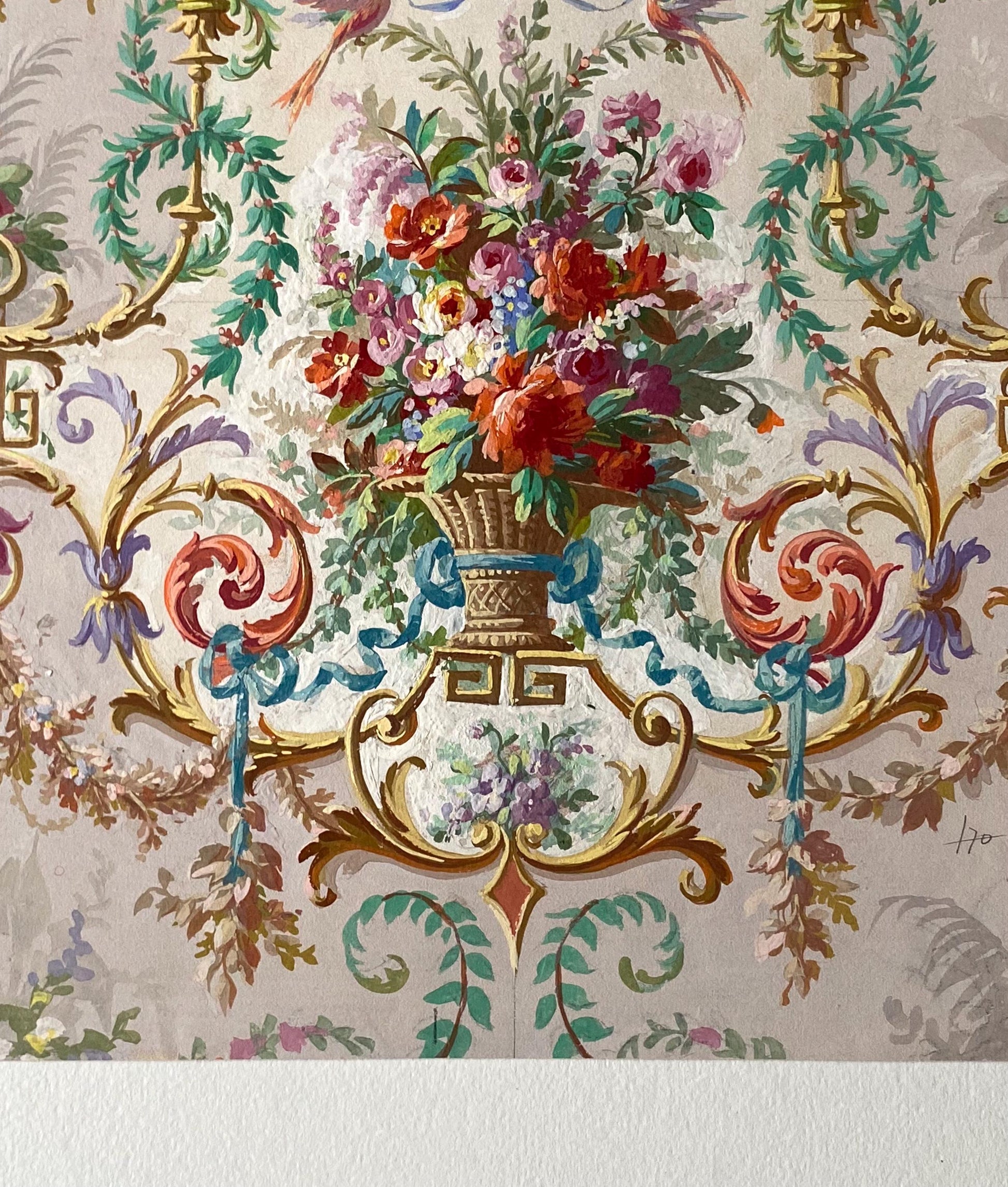 An Original Antique, Hand Painted, Watercolour Design For A Carpet. From Nimes in France. Late 1800s. Size: 35 x 27 cms.