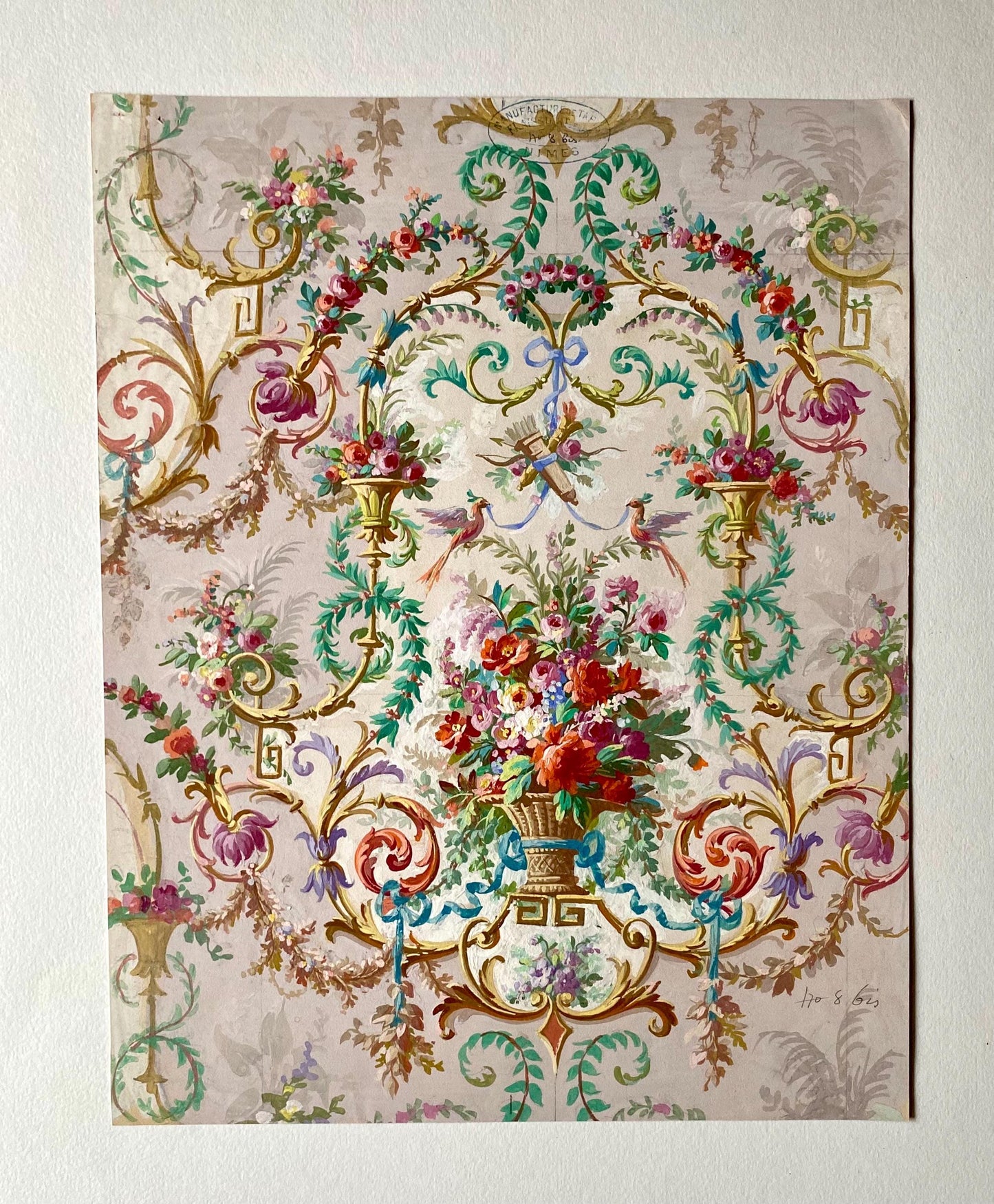 An Original Antique, Hand Painted, Watercolour Design For A Carpet. From Nimes in France. Late 1800s. Size: 35 x 27 cms.