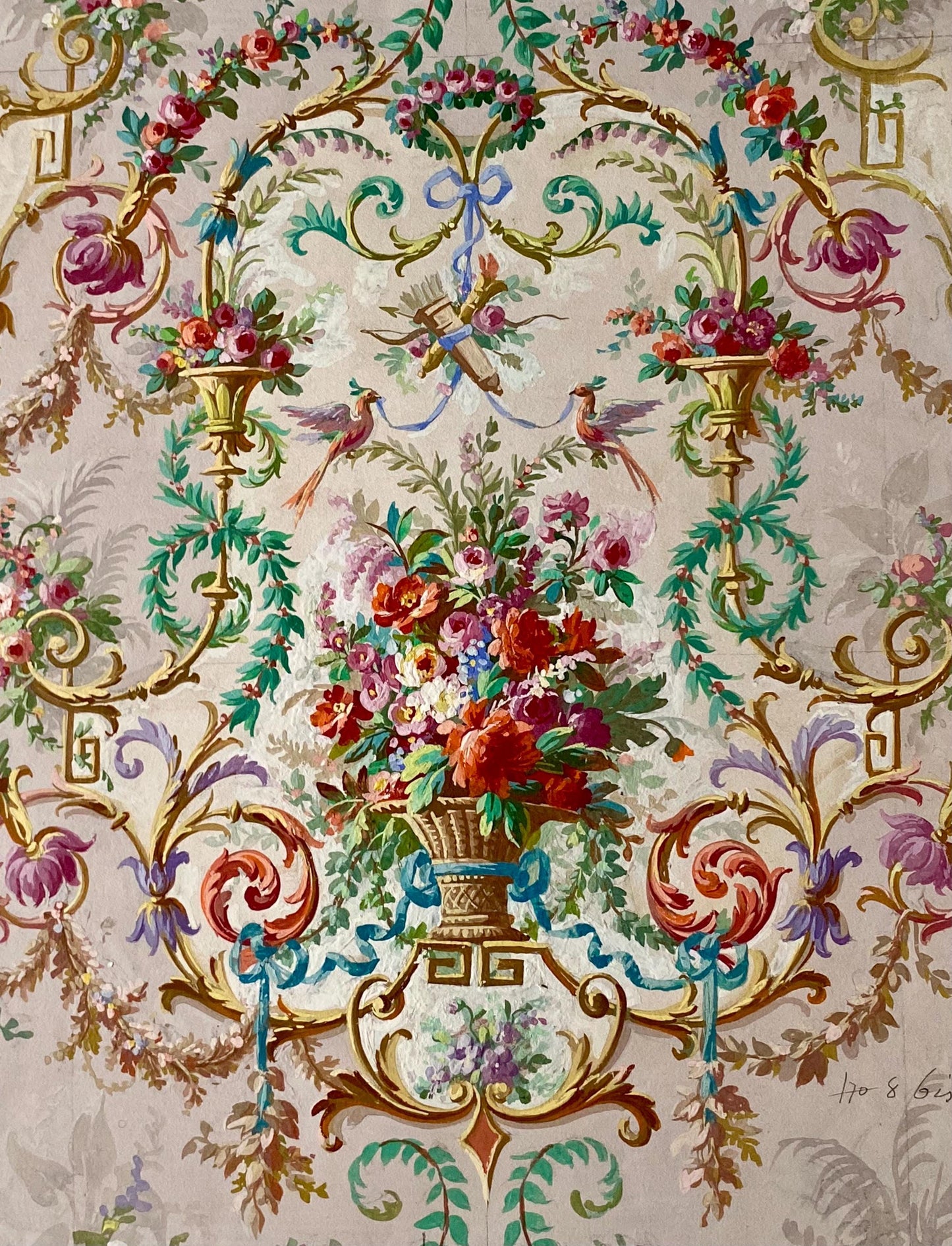 An Original Antique, Hand Painted, Watercolour Design For A Carpet. From Nimes in France. Late 1800s. Size: 35 x 27 cms.