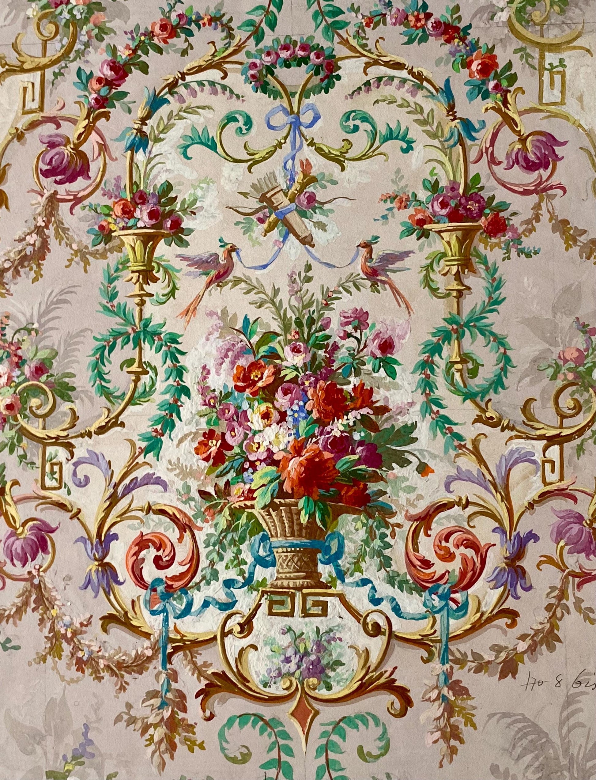An Original Antique, Hand Painted, Watercolour Design For A Carpet. From Nimes in France. Late 1800s. Size: 35 x 27 cms.