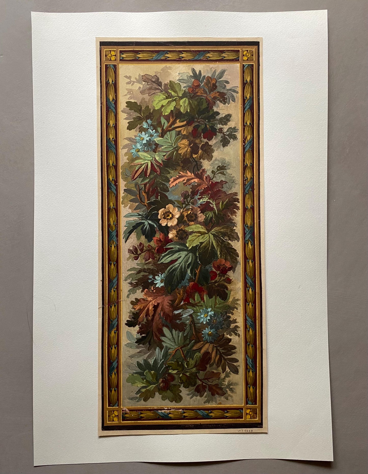 An Original Antique, Hand Painted, Watercolour Design For A Carpet. From Nimes in France. Late 1800s. Size: 44 x 18.5 cms.