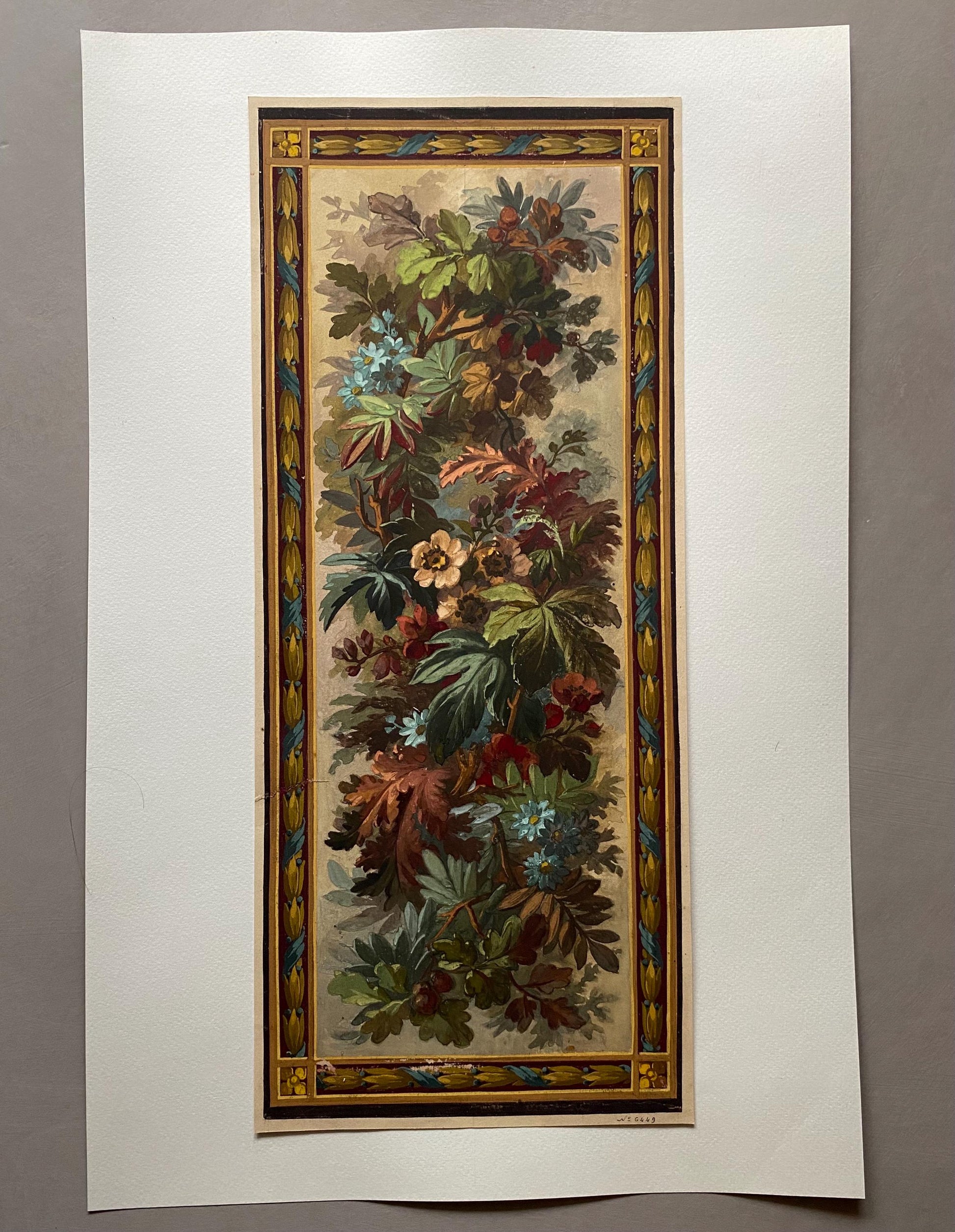 An Original Antique, Hand Painted, Watercolour Design For A Carpet. From Nimes in France. Late 1800s. Size: 44 x 18.5 cms.