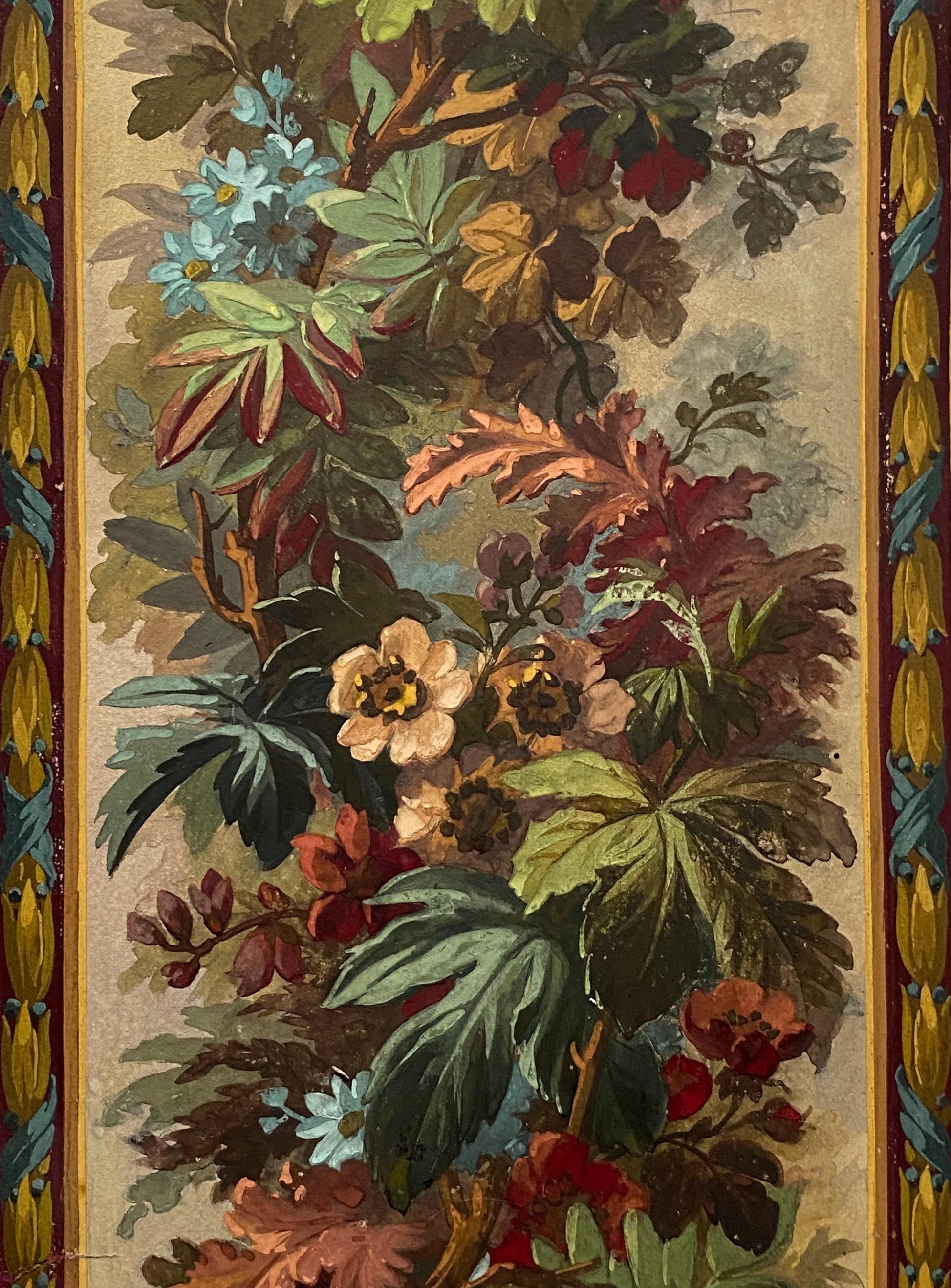 An Original Antique, Hand Painted, Watercolour Design For A Carpet. From Nimes in France. Late 1800s. Size: 44 x 18.5 cms.