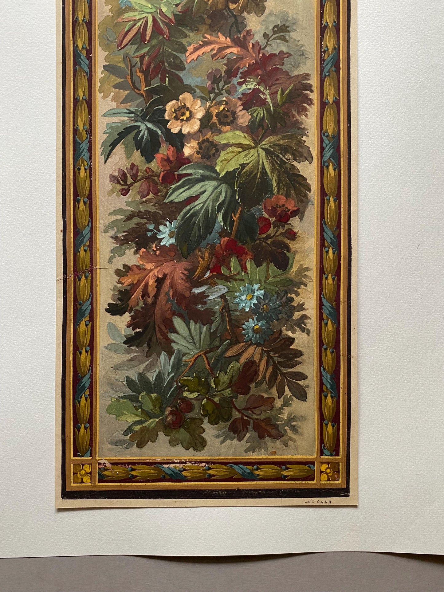 An Original Antique, Hand Painted, Watercolour Design For A Carpet. From Nimes in France. Late 1800s. Size: 44 x 18.5 cms.