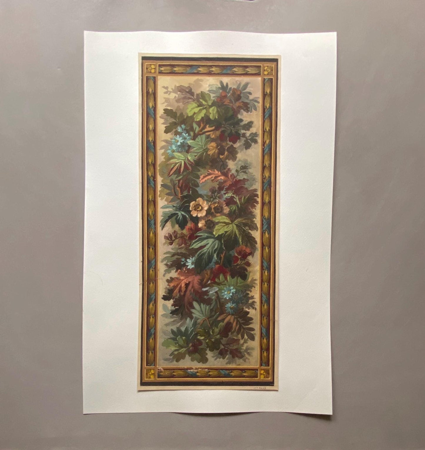 An Original Antique, Hand Painted, Watercolour Design For A Carpet. From Nimes in France. Late 1800s. Size: 44 x 18.5 cms.