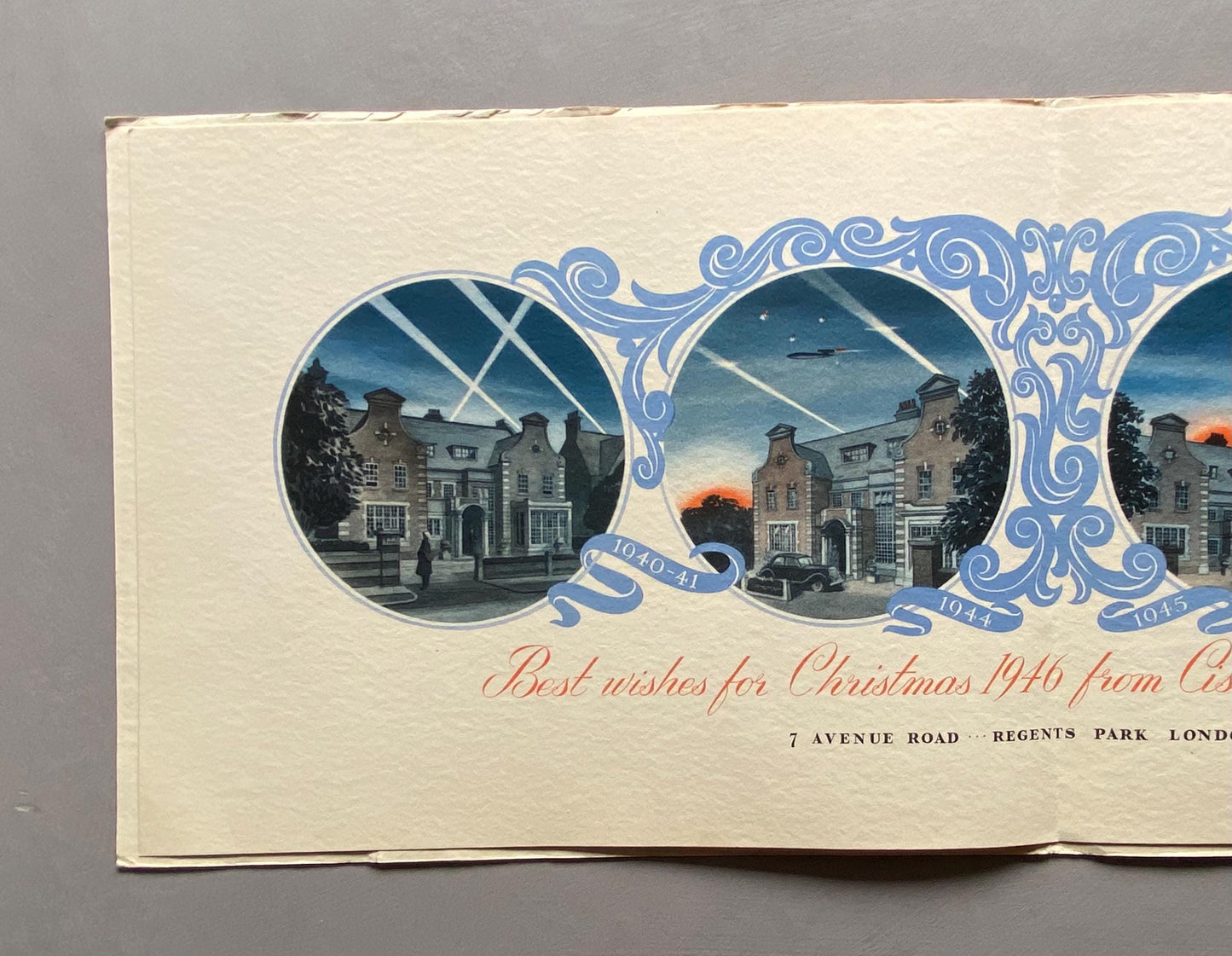 Christmas 1946. A Private Family Christmas Card Celebrating The End of World War II. Regents Park, London. Large: 51 x 20.2 cms.