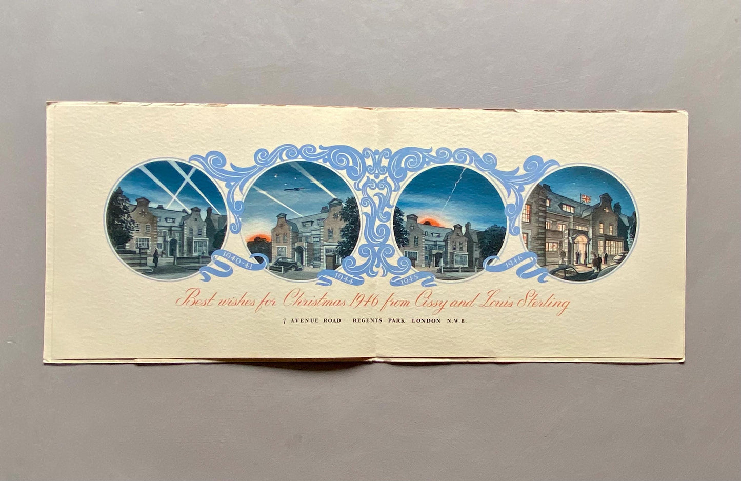 Christmas 1946. A Private Family Christmas Card Celebrating The End of World War II. Regents Park, London. Large: 51 x 20.2 cms.