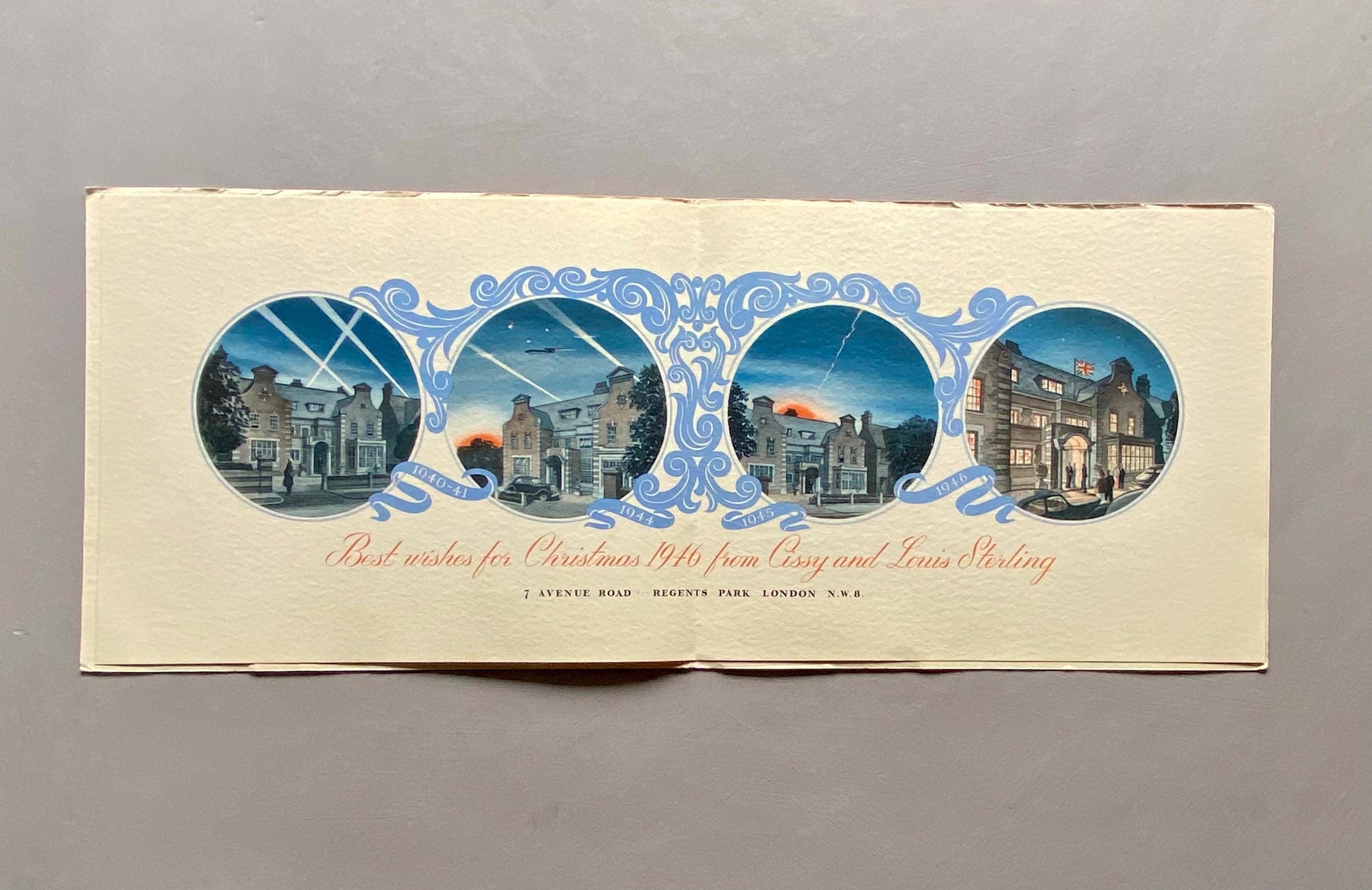 Christmas 1946. A Private Family Christmas Card Celebrating The End of World War II. Regents Park, London. Large: 51 x 20.2 cms.