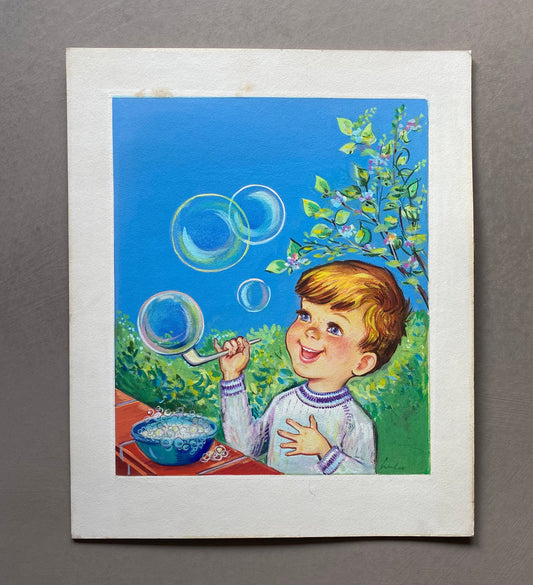 A Boy Blowing Bubbles. An Original Illustration From The 1950’s. Watercolour. signed by Lulu. Size: 36 x 29.5 cms.
