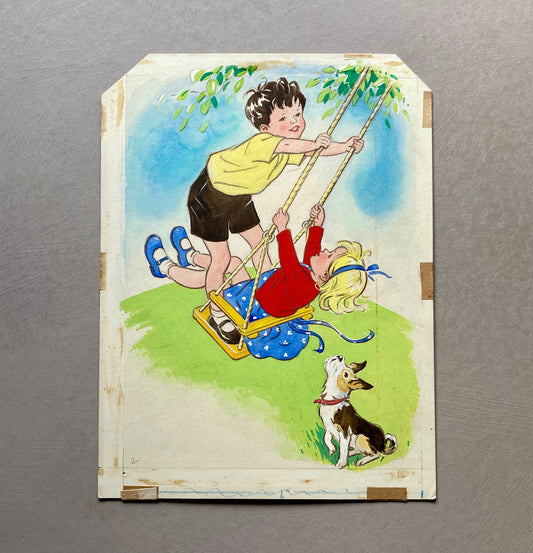 Children On A Swing. An Original Illustration From The 1950s. Watercolour. Size: 30.5 x 22.5 cms.