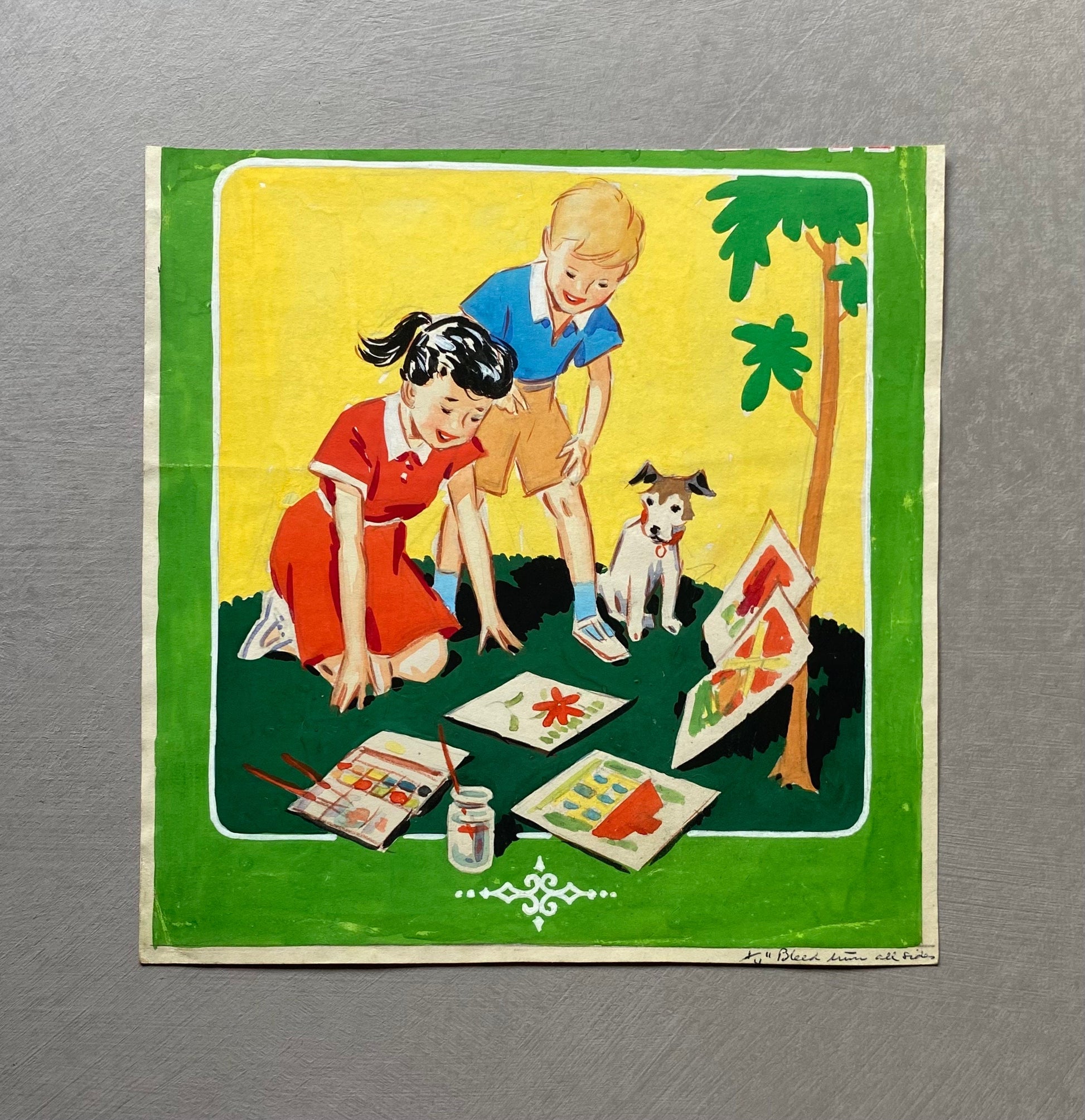 Children Painting. An Original Watercolour Illustration From The 1950’s. Size: 20.2 x 19.7 cms.