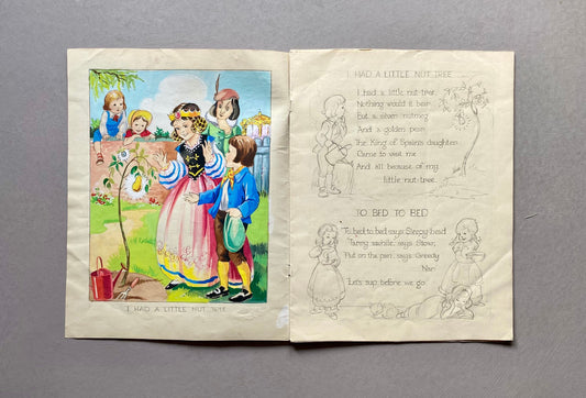 Original Artwork For a Book of Nursery Rhymes. 11 Black & White Drawings and 1 Watercolour Picture. 1950’s. Size: 28 x 22 cms.