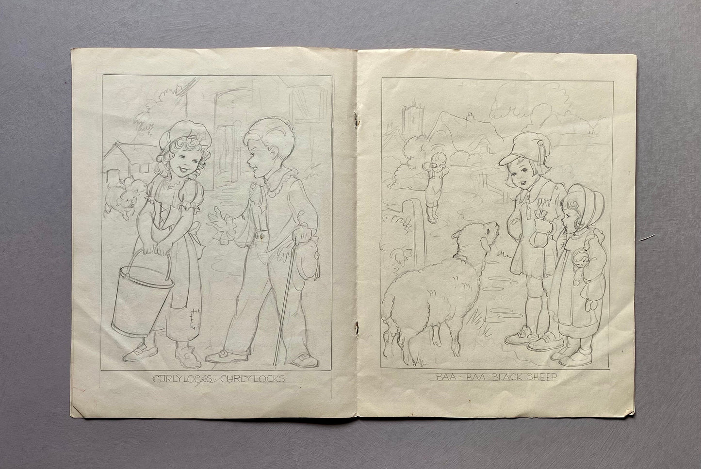 Original Artwork For a Book of Nursery Rhymes. 11 Black & White Drawings and 1 Watercolour Picture. 1950’s. Size: 28 x 22 cms.