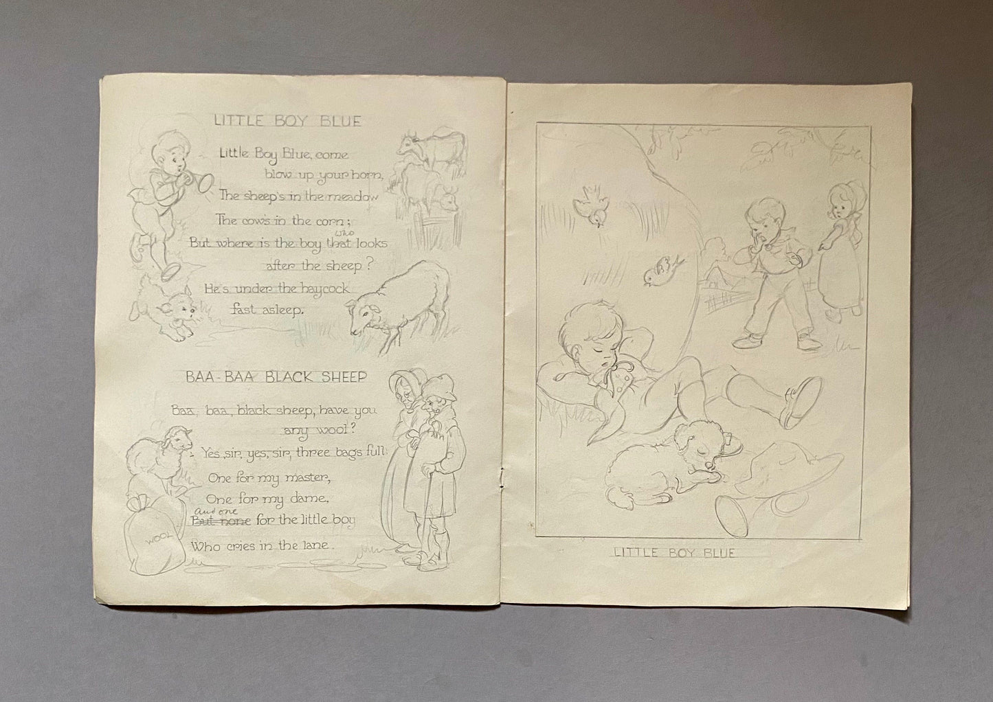 Original Artwork For a Book of Nursery Rhymes. 11 Black & White Drawings and 1 Watercolour Picture. 1950’s. Size: 28 x 22 cms.