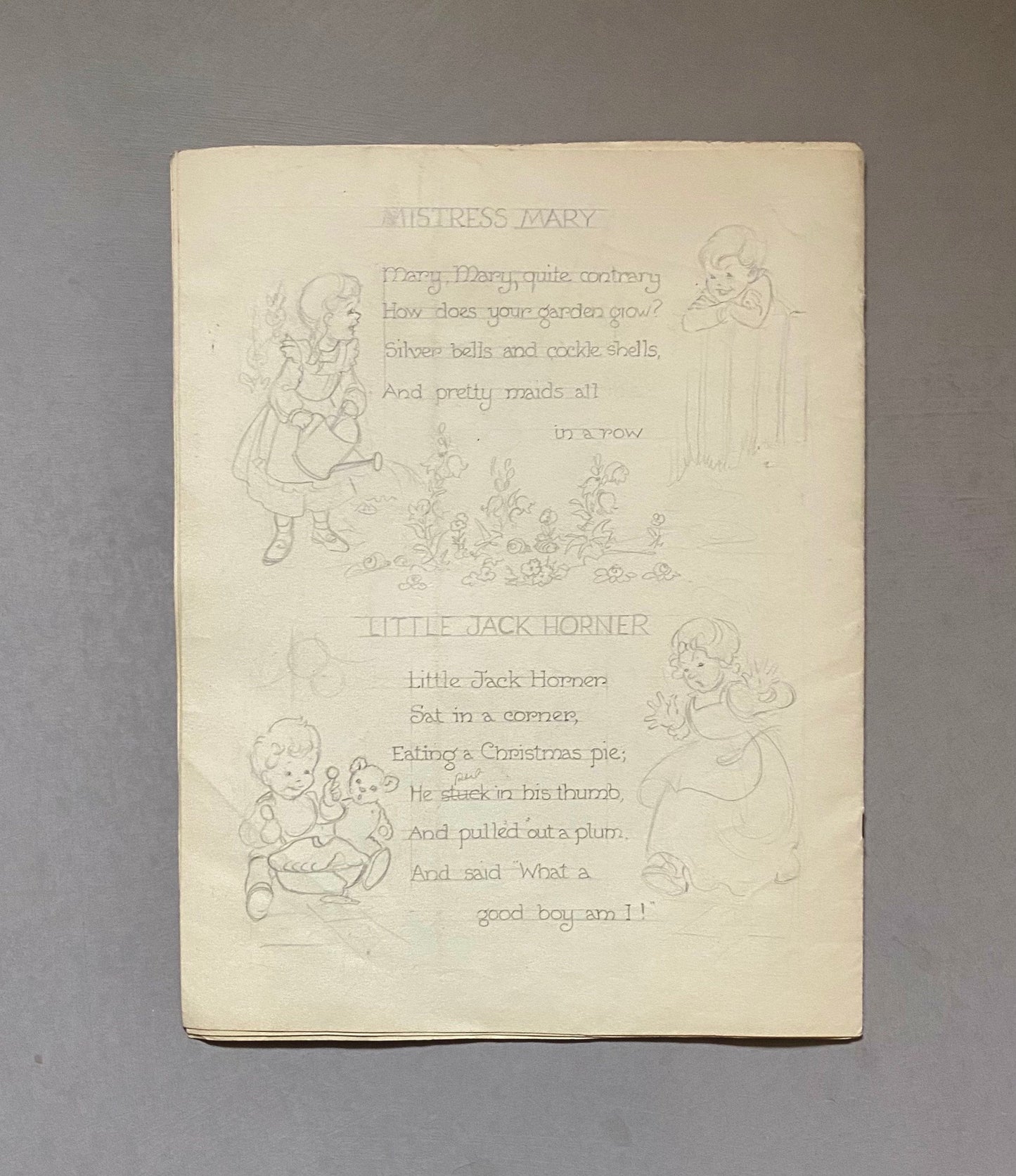 Original Artwork For a Book of Nursery Rhymes. 11 Black & White Drawings and 1 Watercolour Picture. 1950’s. Size: 28 x 22 cms.