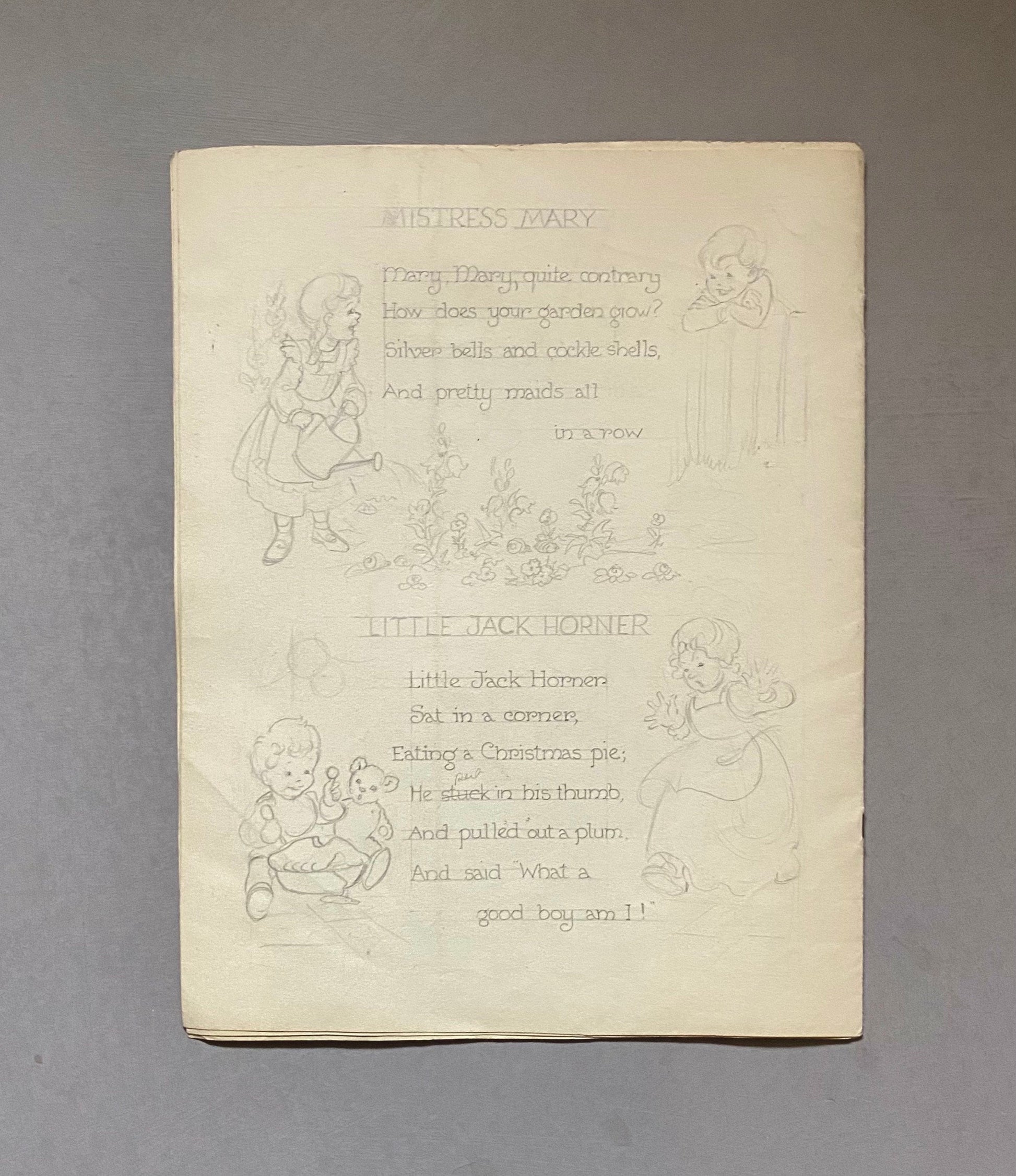 Original Artwork For a Book of Nursery Rhymes. 11 Black & White Drawings and 1 Watercolour Picture. 1950’s. Size: 28 x 22 cms.