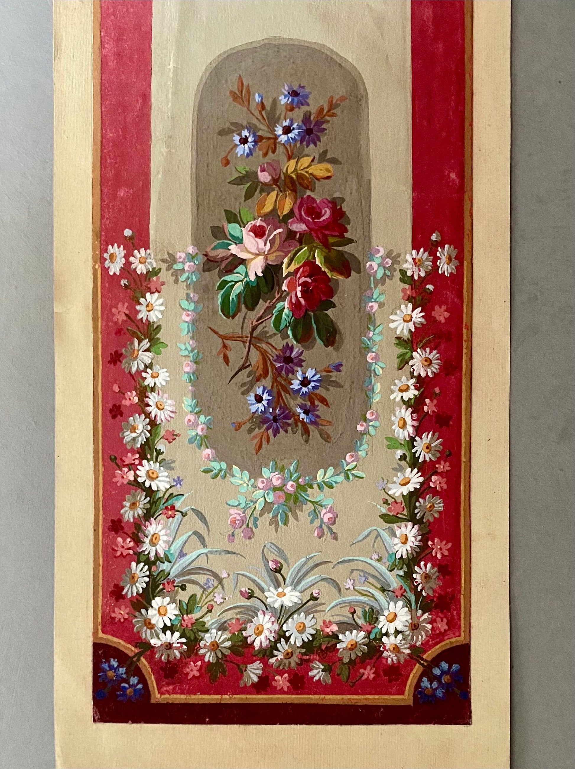 An Original Hand Painted Watercolour Design For A Carpet. Plaissier Brother, Nimes, France. Late 1800s. Size: 50 x 22.5 cms.