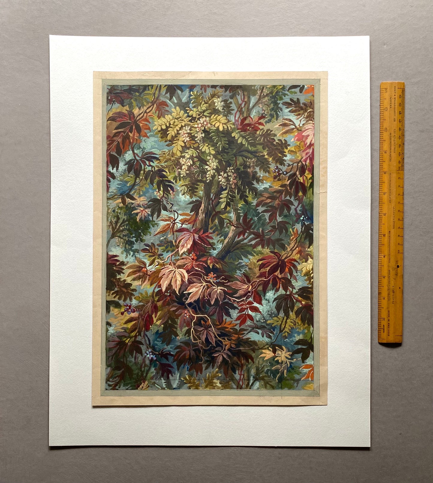 An Original Hand Painted Watercolour Design For A Carpet. By Plaissier Brother, Nimes, France. Late 1800s. Size: 38.2 x 26.3 cms.