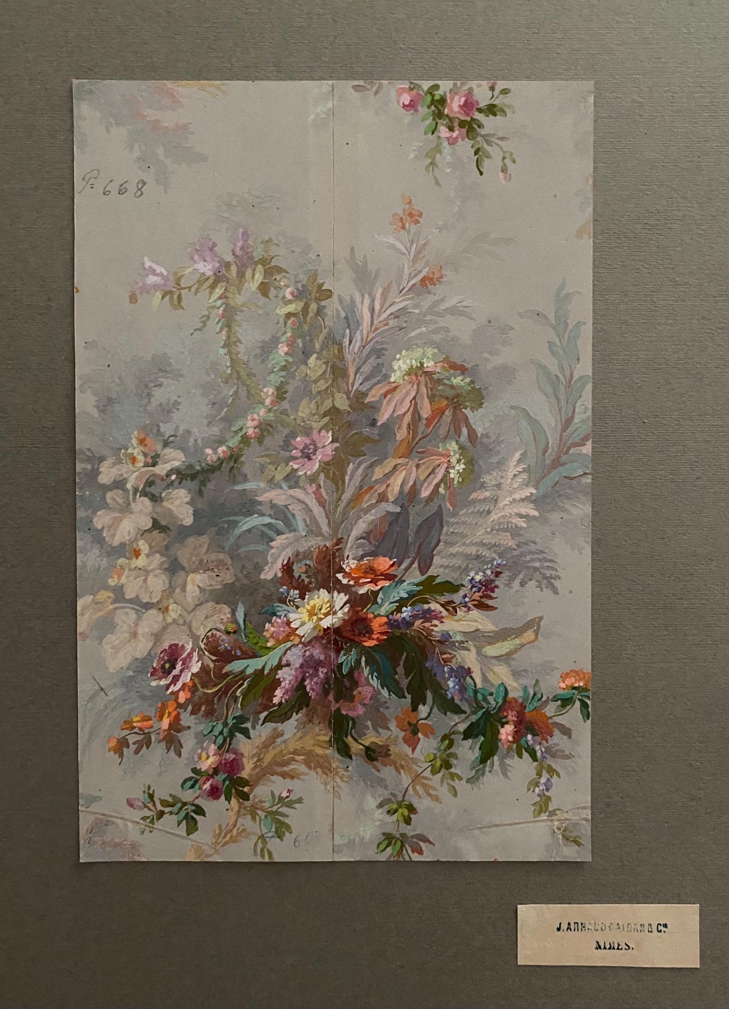 An Original Antique, Hand Painted, Watercolour Design For A Carpet. J Arnaud Gaidan, Paris, France. Late 1800s. Size: 29.5 x 19.5 cms.