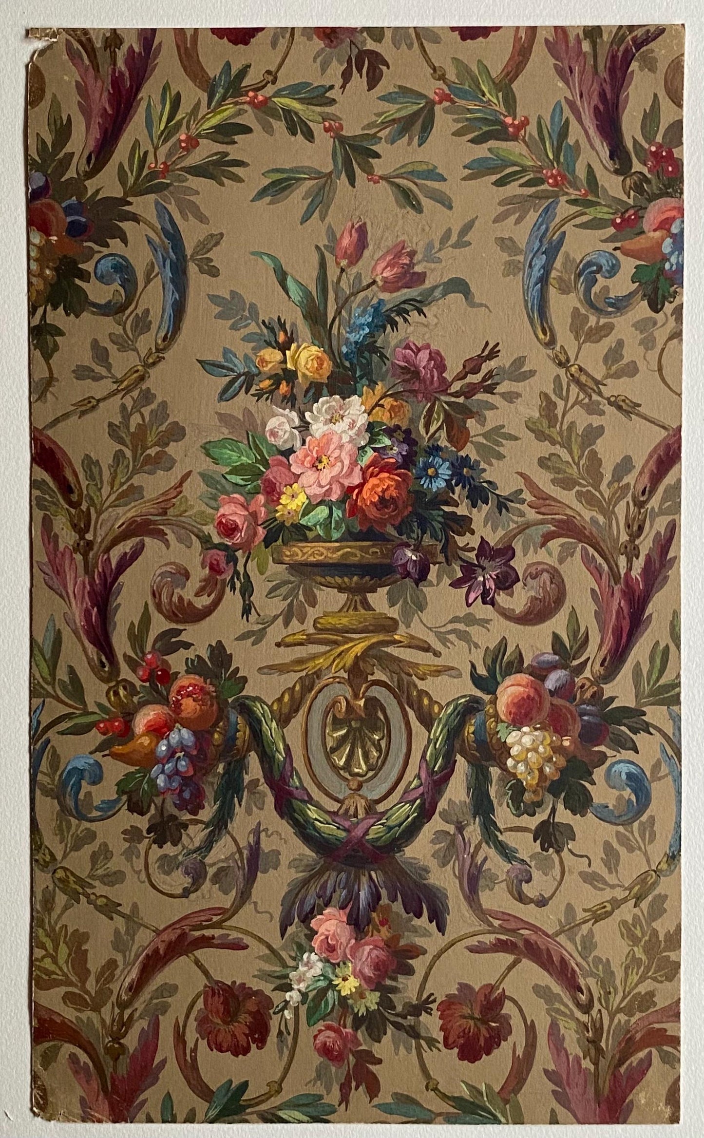 An Original Antique, Hand Painted, Watercolour Design For A Carpet. J Arnaud Gaidan, Paris, France. Late 1800s. Size: 34.5 x 25 cms.