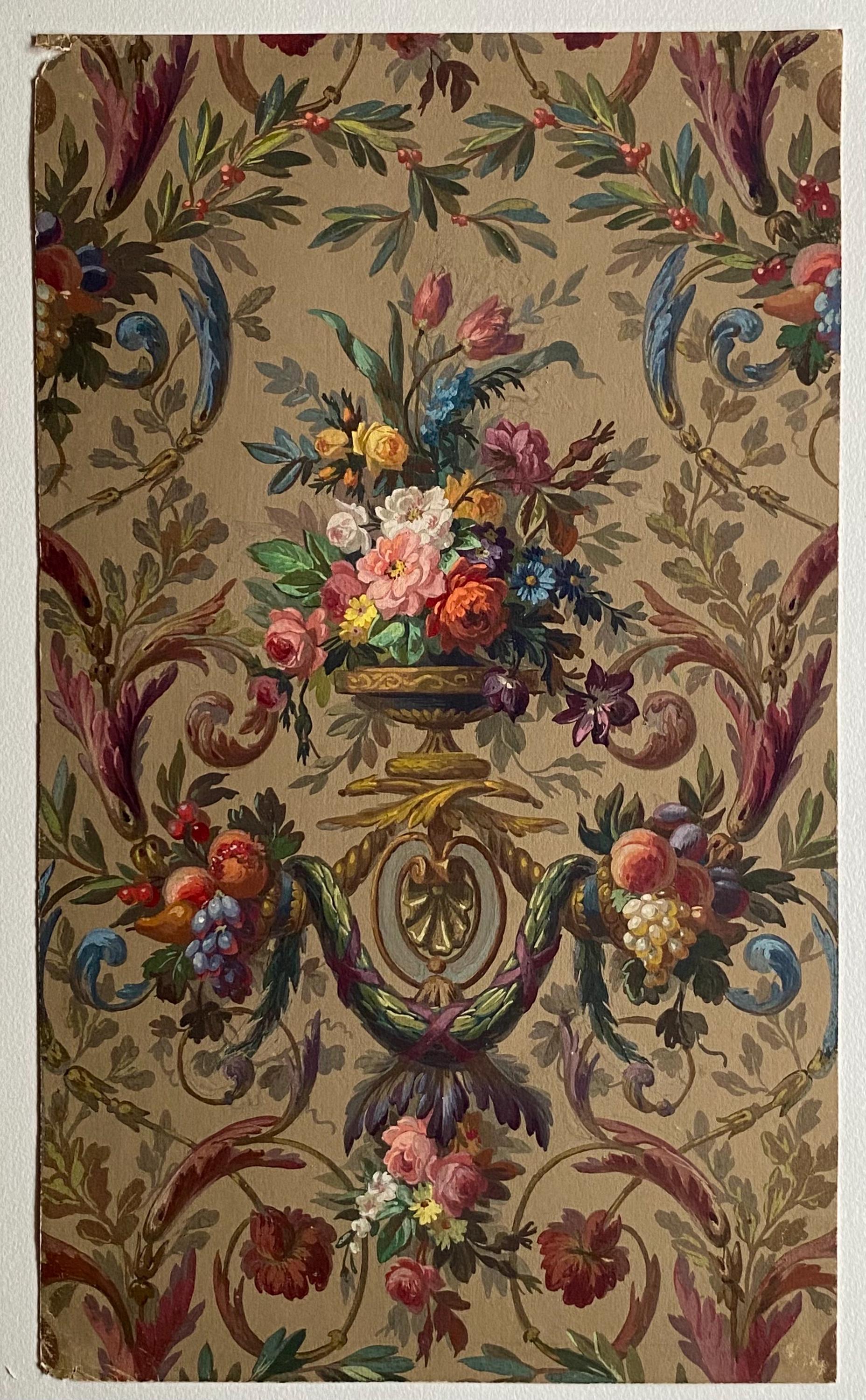 An Original Antique, Hand Painted, Watercolour Design For A Carpet. J Arnaud Gaidan, Paris, France. Late 1800s. Size: 34.5 x 25 cms.