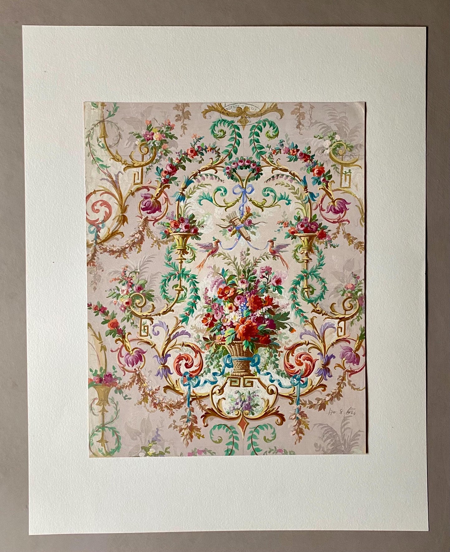 An Original Antique, Hand Painted, Watercolour Design For A Carpet. From Nimes in France. Late 1800s. Size: 35 x 27 cms.