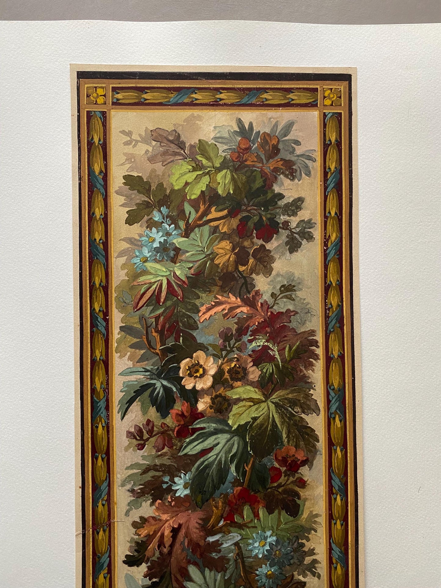 An Original Antique, Hand Painted, Watercolour Design For A Carpet. From Nimes in France. Late 1800s. Size: 44 x 18.5 cms.
