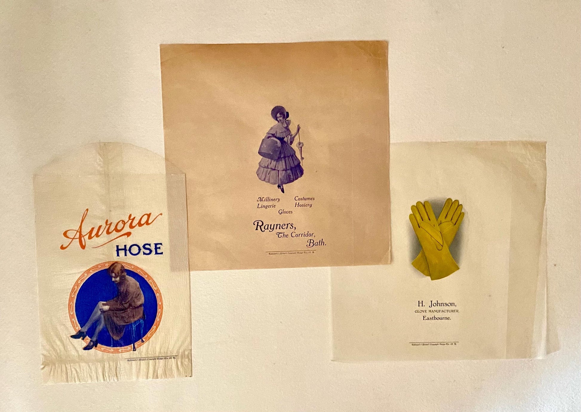 Three Items of Genuine Vintage Packaging Used To Wrap Hosiery, Lingerie or Gloves. Unused. From England. Circa 1940s. Various Sizes.