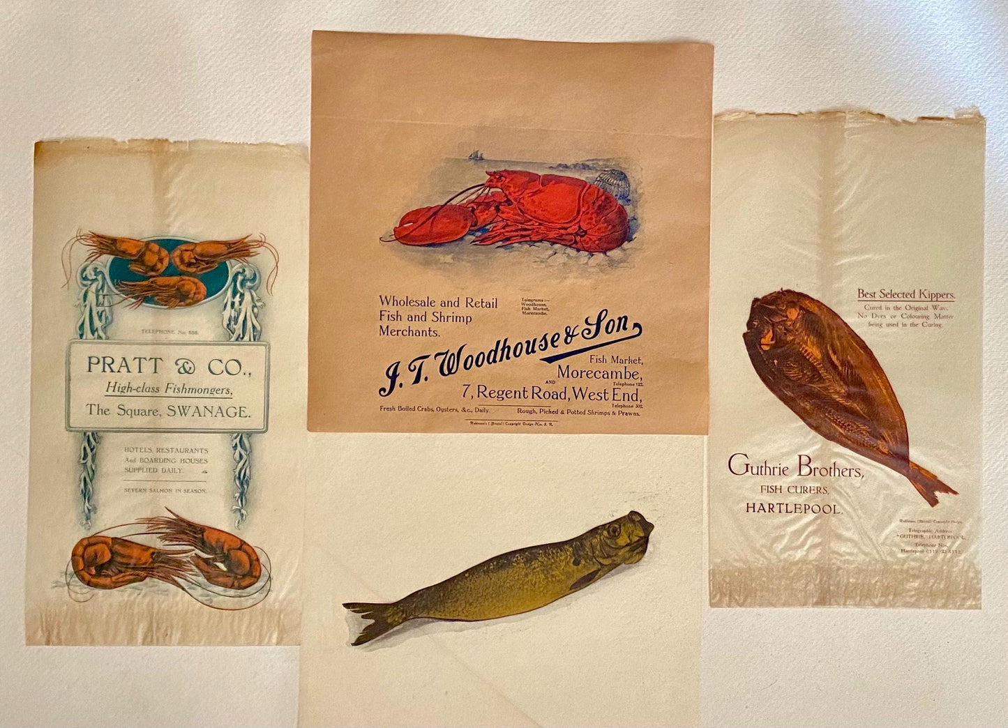 Four Items of Genuine Vintage Packaging Used To Wrap Seafood. Unused. Circa 1940s. From England. Various Sizes.
