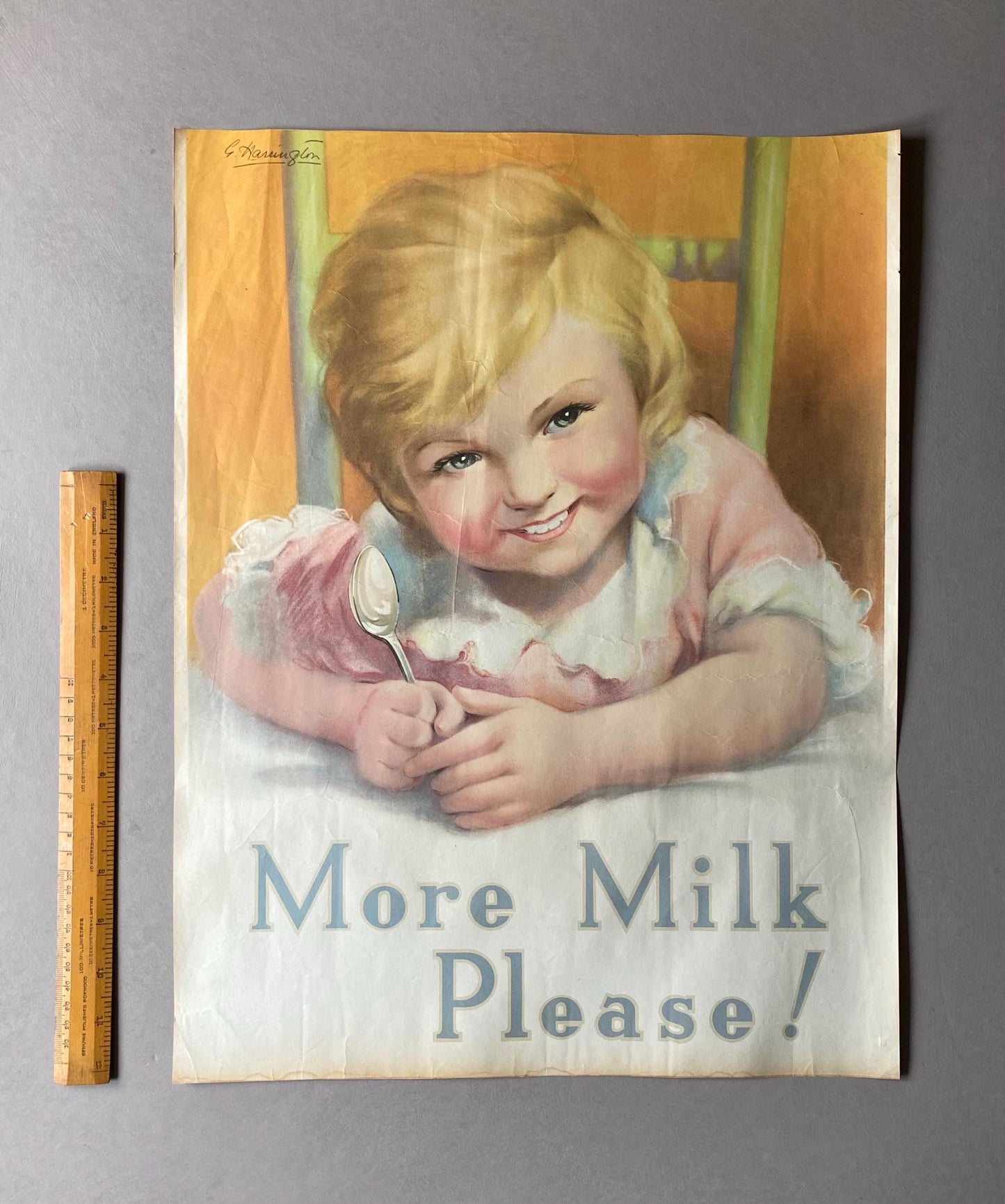 More Milk Please! An Original Antique Poster Advertising Milk. Designed by G. Harrington. 1920s. Size: 49.5 x 38 cms.
