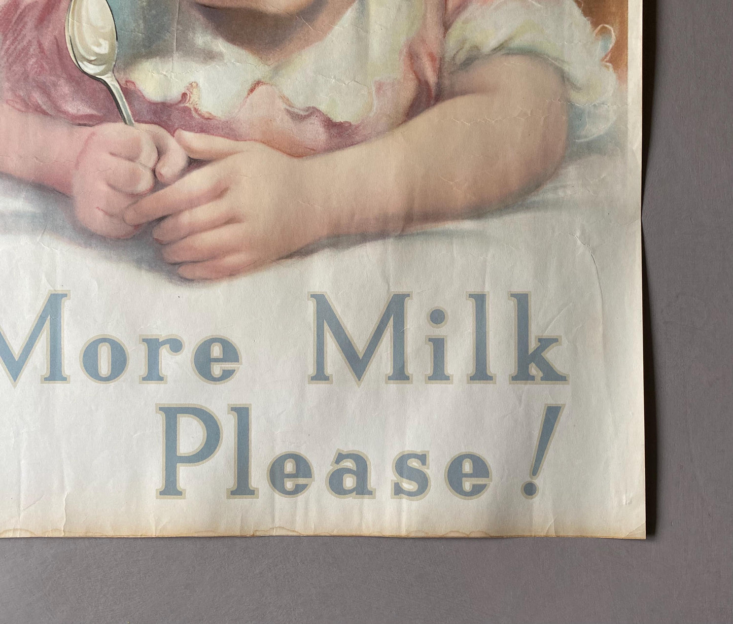More Milk Please! An Original Antique Poster Advertising Milk. Designed by G. Harrington. 1920s. Size: 49.5 x 38 cms.