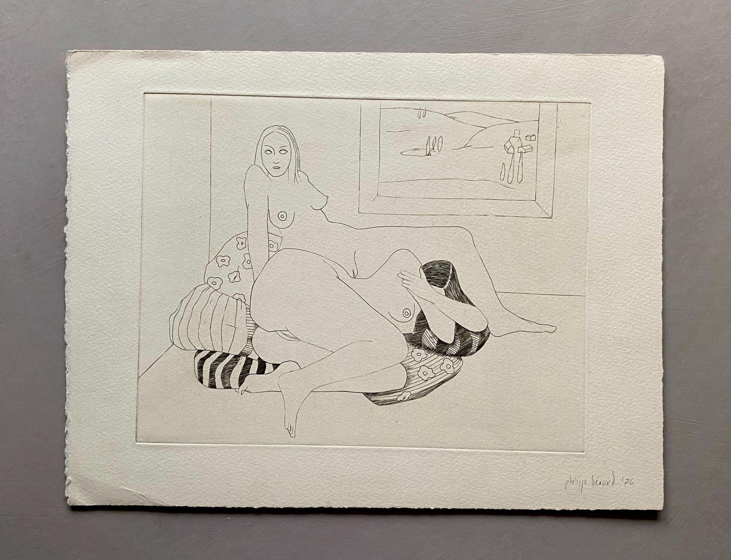 An Engraving by Philippe Bérard. Black on A White Paper Ground. Created in Paris, France. Dated 1976. Size: 25 x 33 cms.