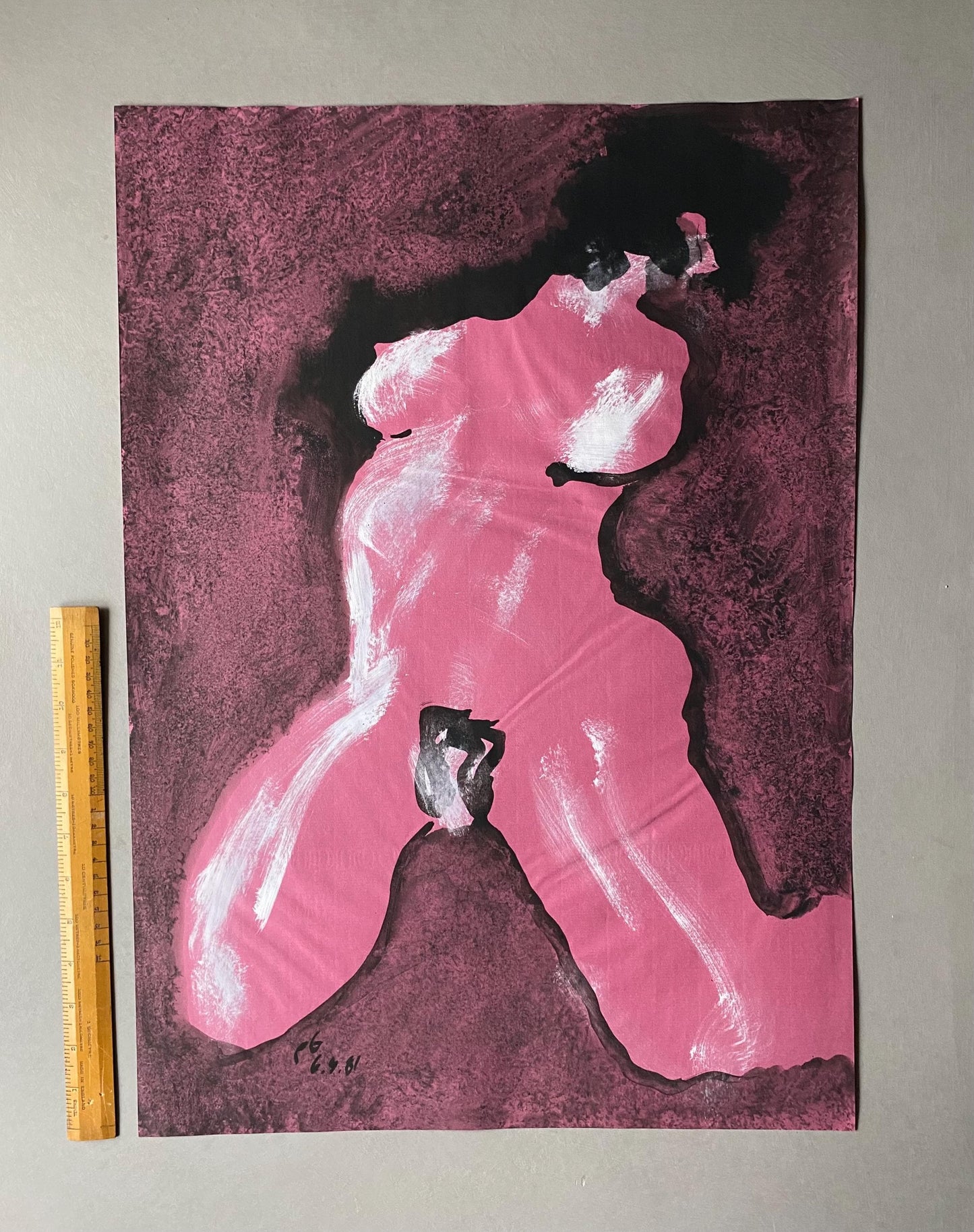 A large Painting by Philippe Bérard. Ink and Wash on A Pink Paper Ground. Created in Paris, France in 1981. Size: 60.5 x 43 cms.