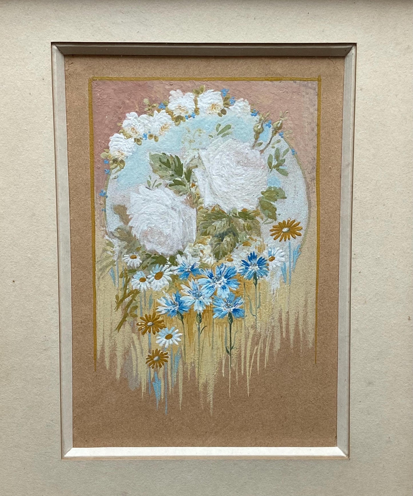 A Most Delicate Floral Watercolour Painting in Original Frame. French. Shabby chic. Undated. Size with frame: 51 x 25.5 cms.
