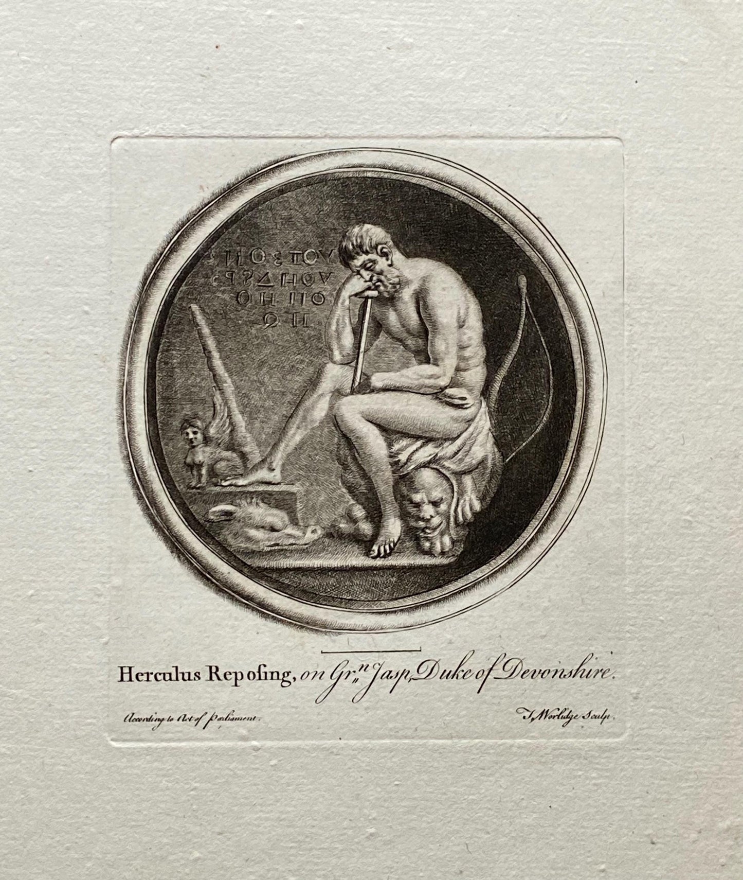 Herculus Reposing. Engraved by Thomas Worlidge. 18th Century. A Genuine Copperplate Engraving. Size: 20.5 x 27.5 cms.