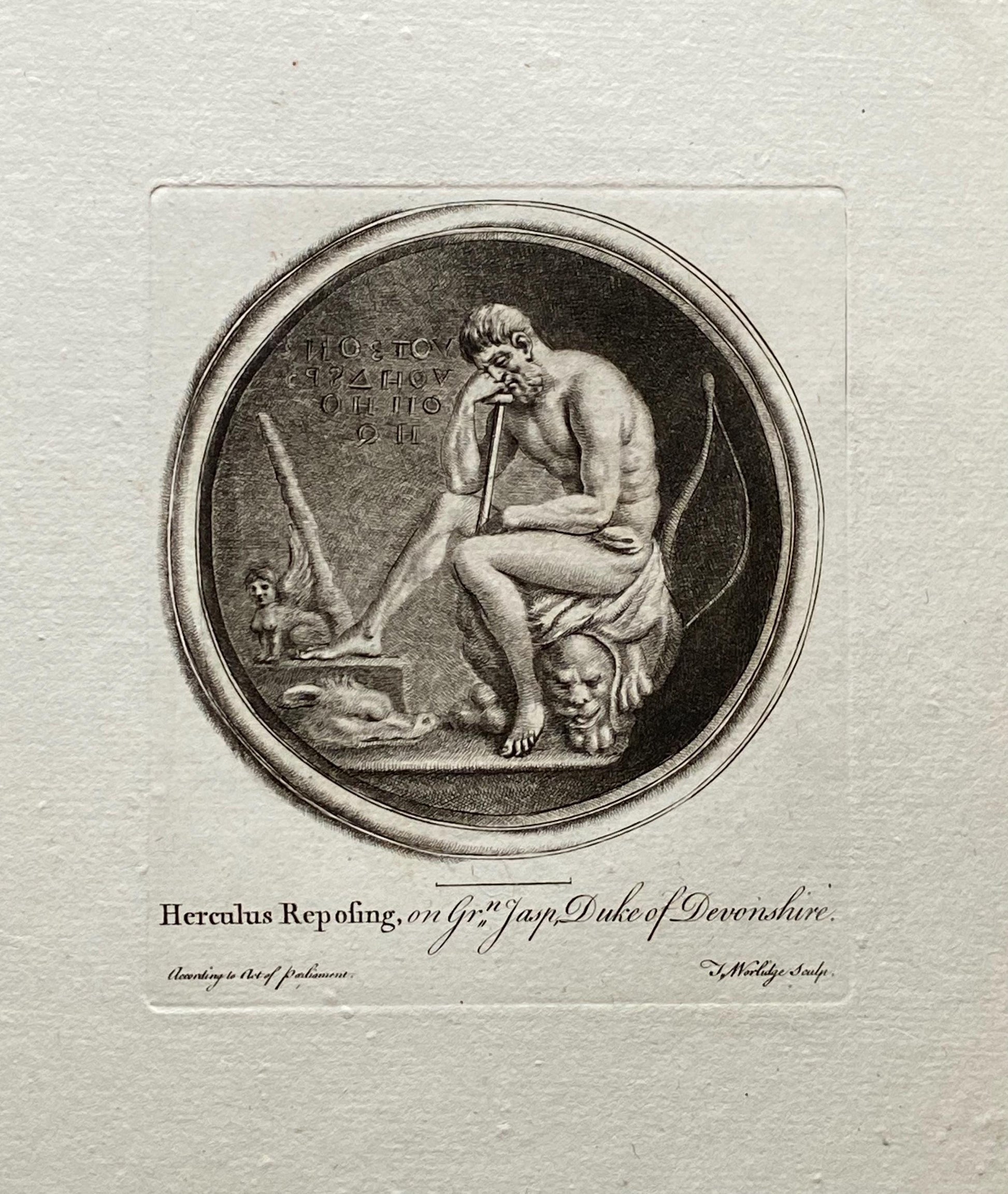 Herculus Reposing. Engraved by Thomas Worlidge. 18th Century. A Genuine Copperplate Engraving. Size: 20.5 x 27.5 cms.