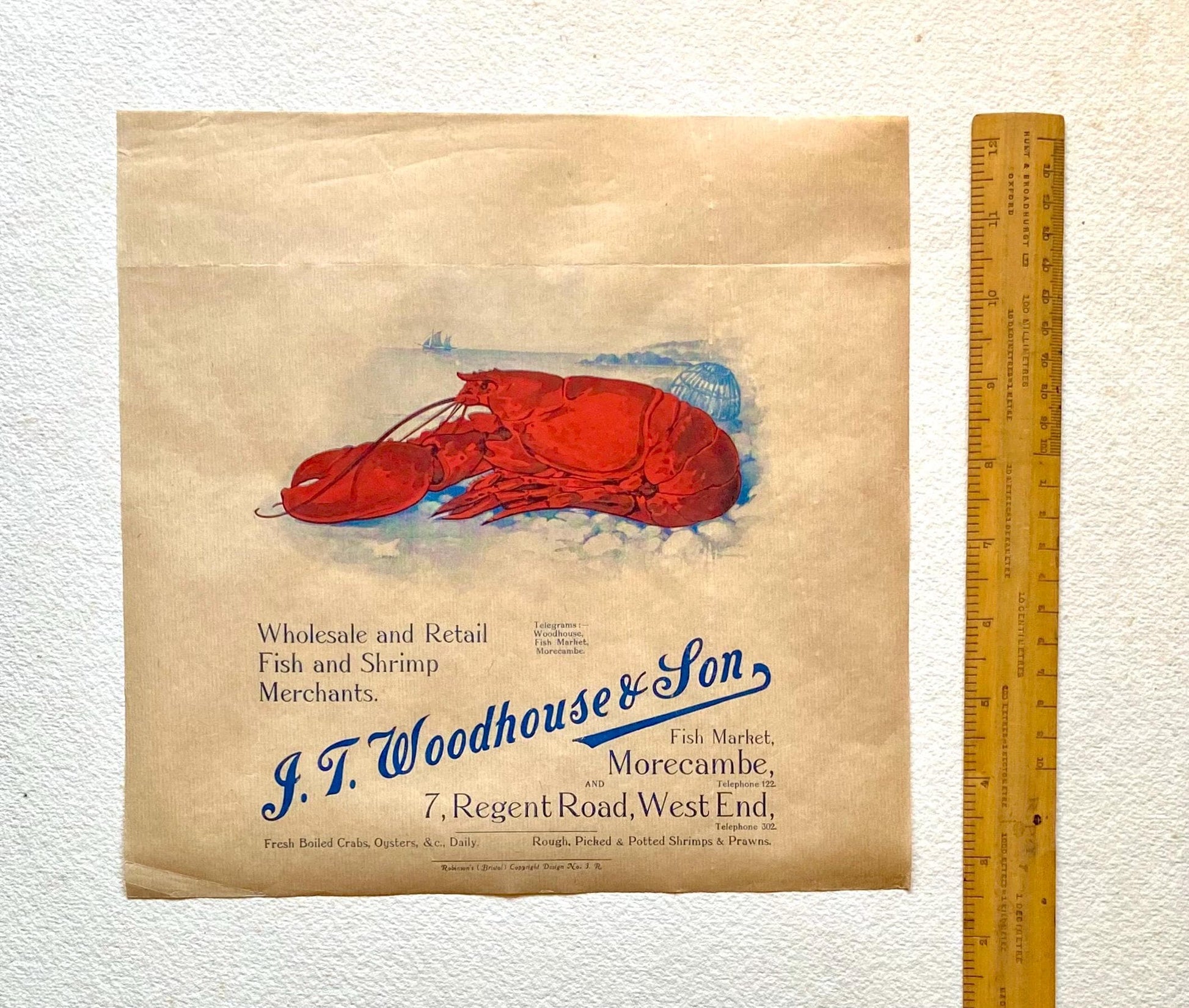 Six Items of Genuine Vintage Packaging Used To Wrap Seafood. Unused. Circa 1940s. From England and Newfoundland. Various Sizes.