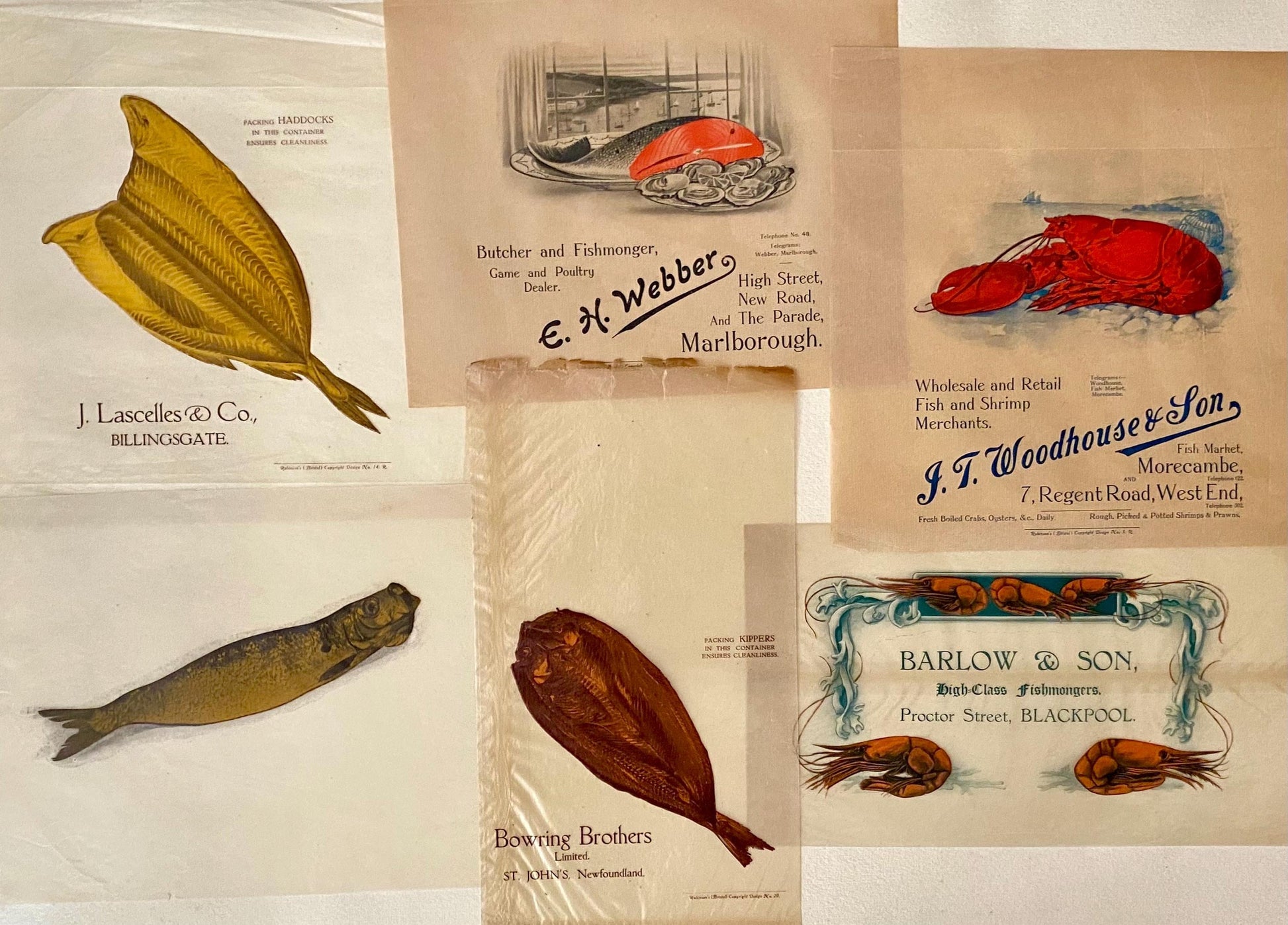 Six Items of Genuine Vintage Packaging Used To Wrap Seafood. Unused. Circa 1940s. From England and Newfoundland. Various Sizes.